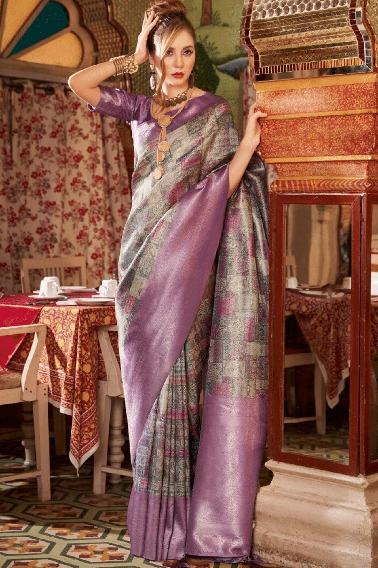 Oriental Purple and Grey Banarasi Digital Printed Saree