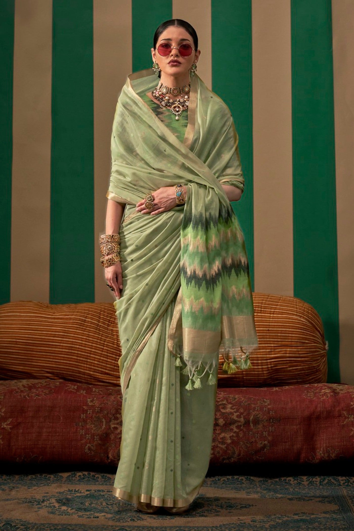 Green Smoke Handloom Linen Saree