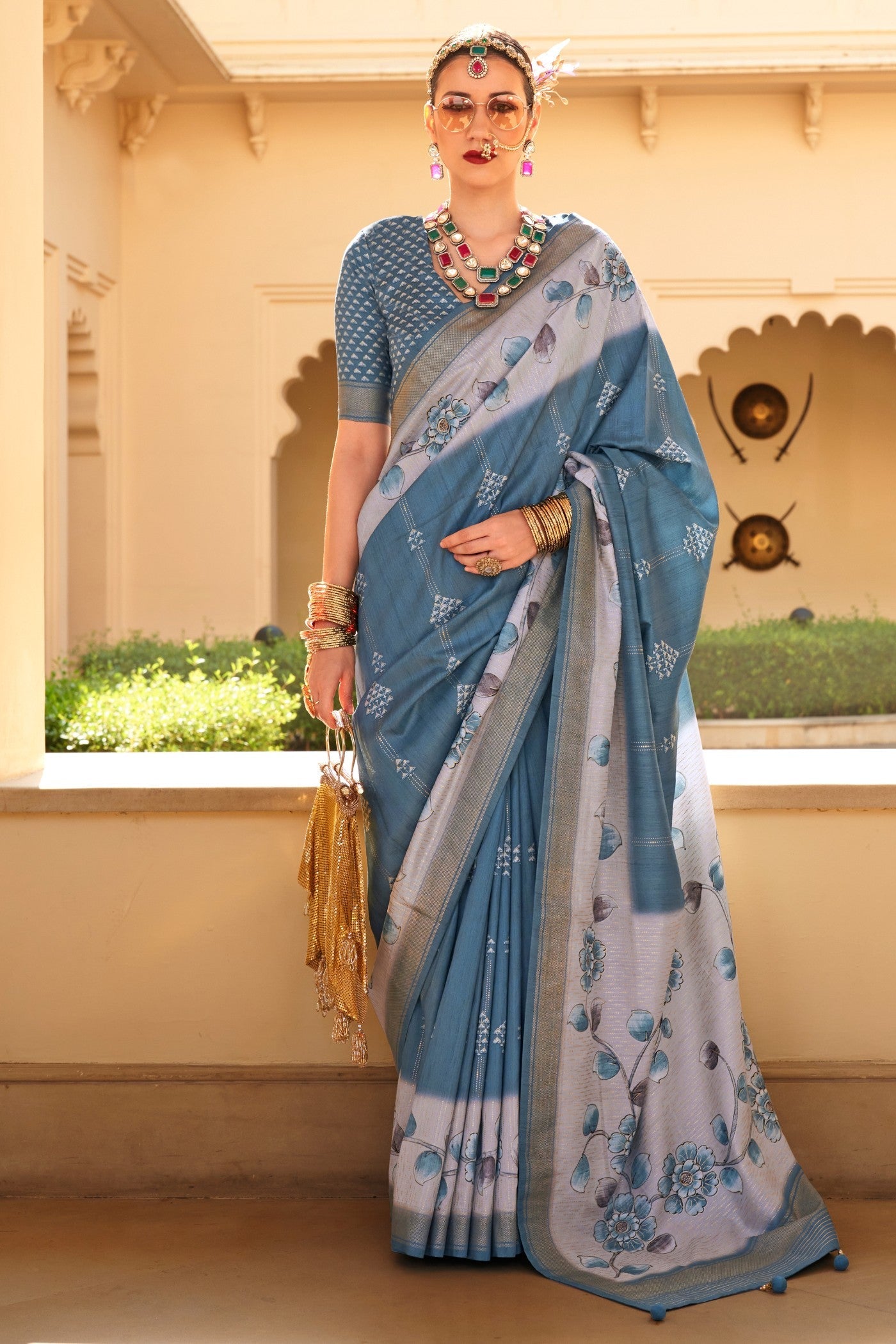 Pewter Blue Floral Printed Banarasi Saree