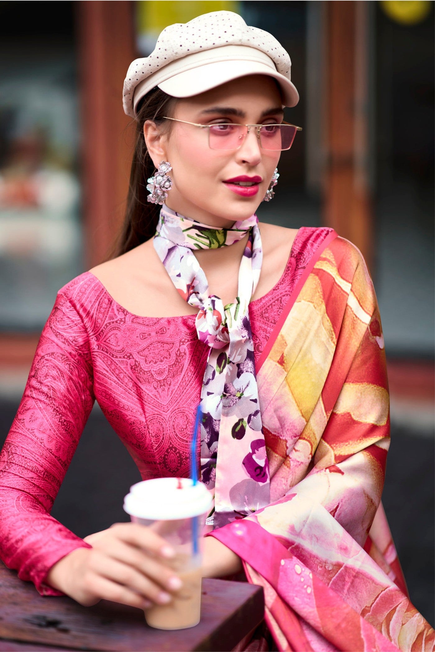 Rusty Red and Pink Printed Satin Crepe Silk Saree