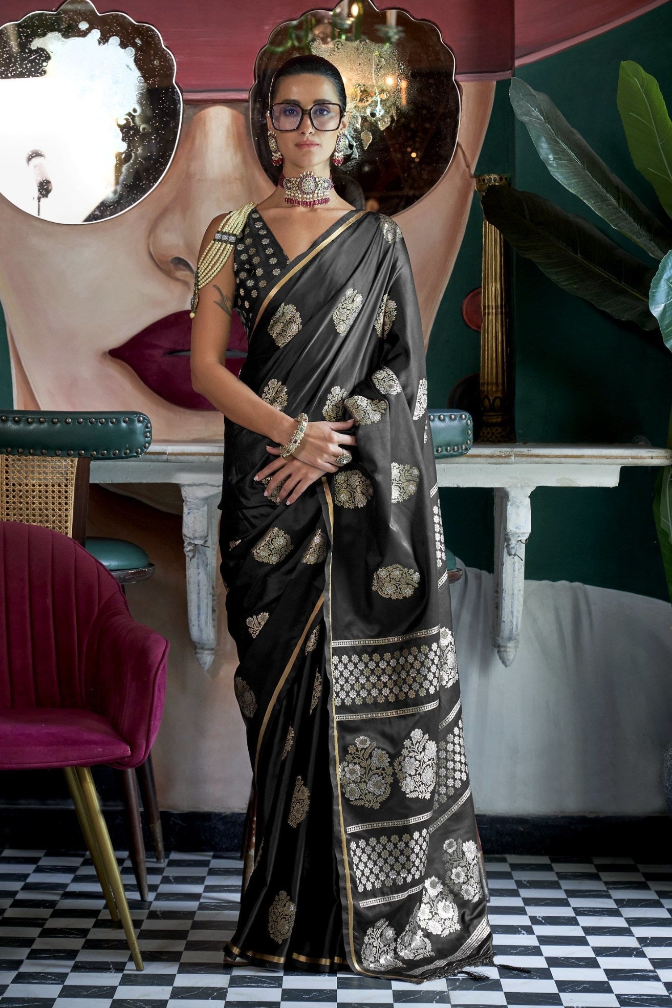 Cinder Black Banarasi Handloom Satin Saree