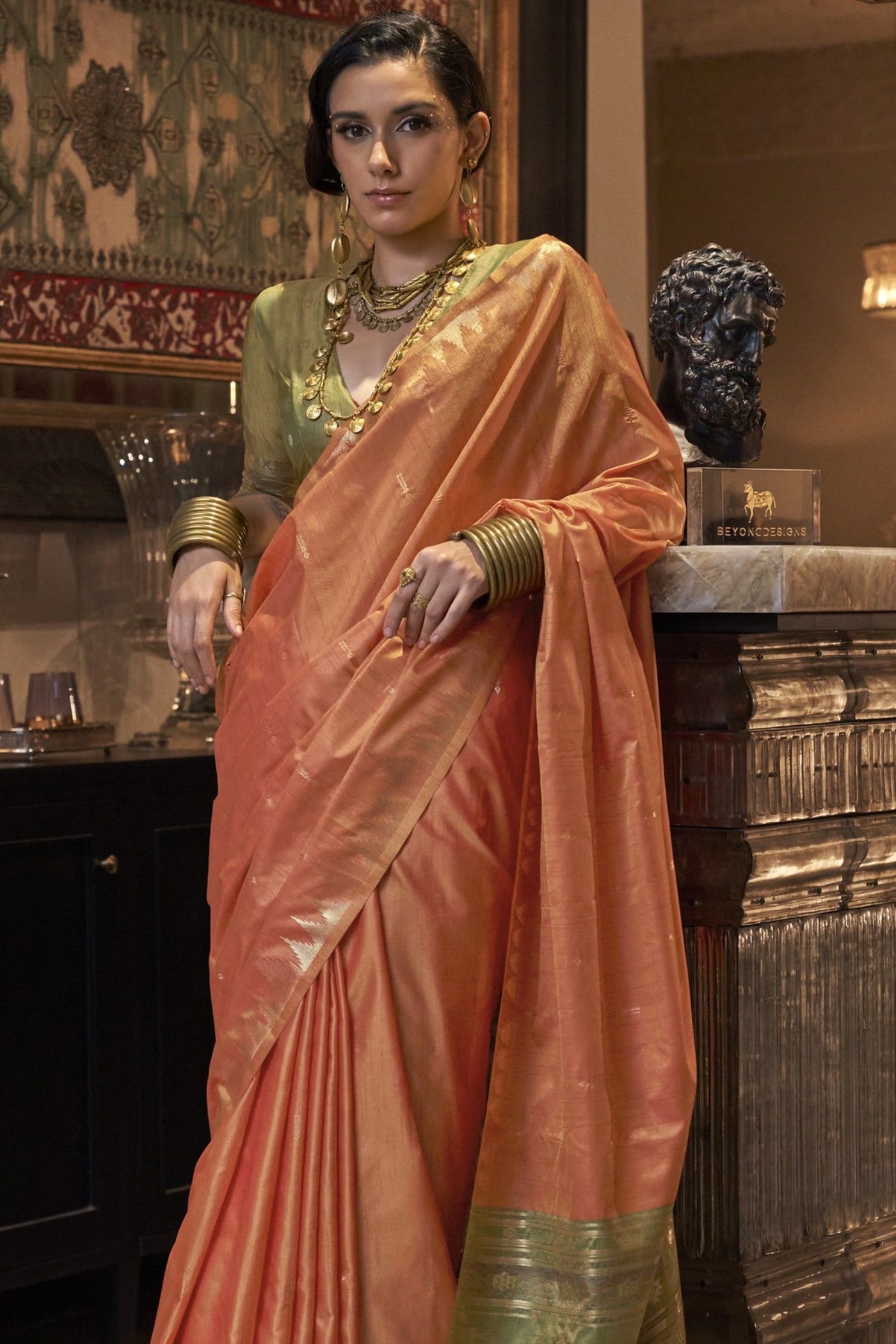 Koromiko Orange Woven Linen Saree