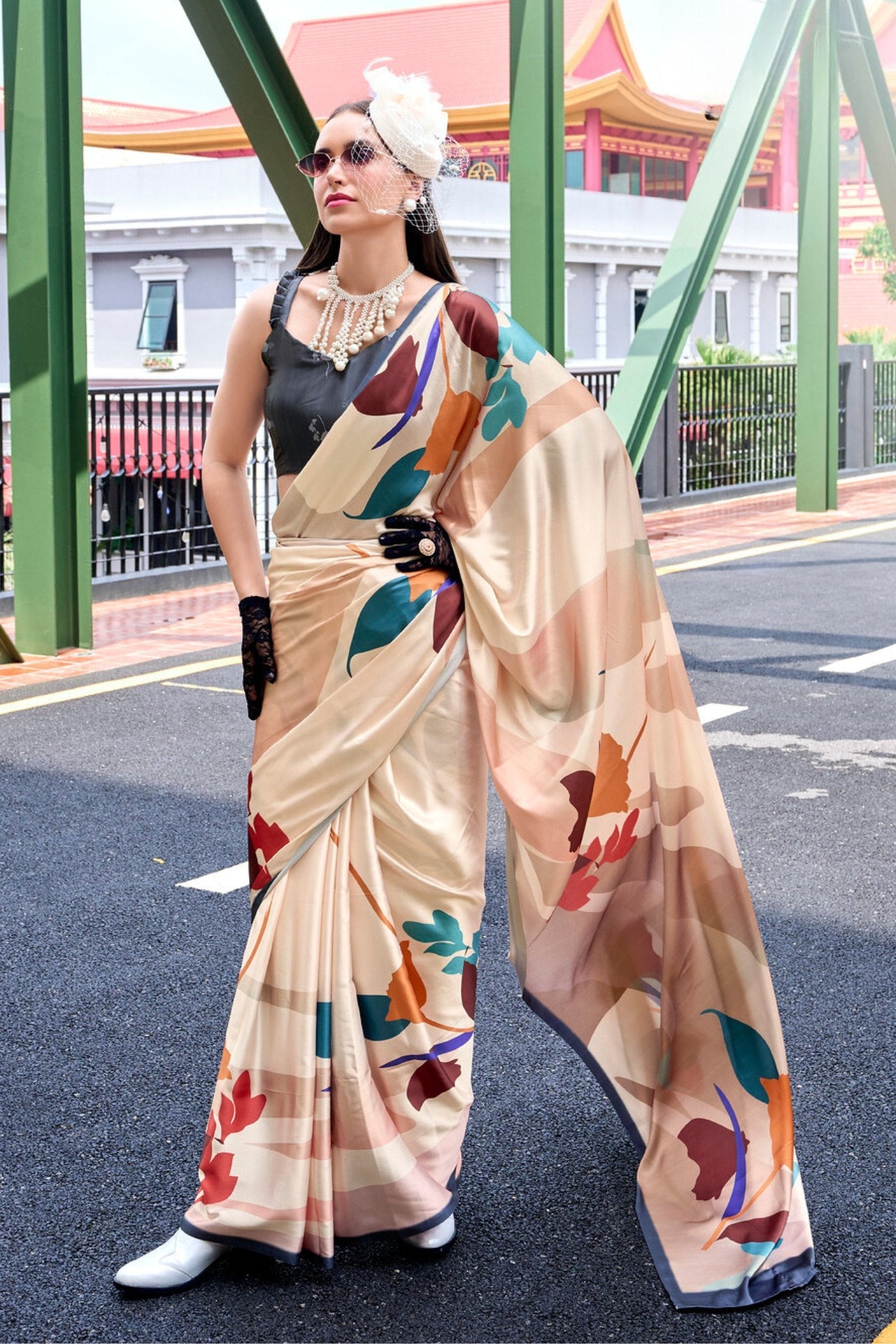 Sidecar Cream Printed Satin Crepe Silk Saree