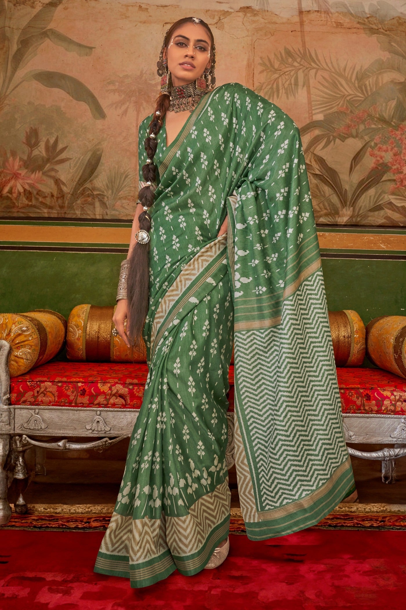 Camouflage Green Printed Patola Saree