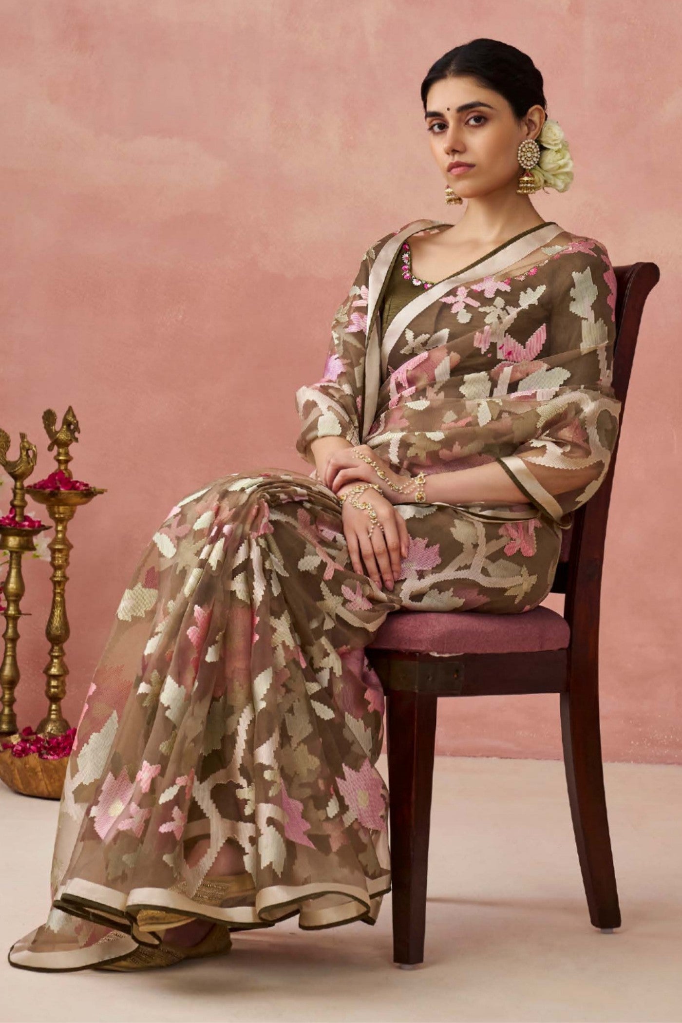 Shingle Fawn Brown Brasso Organza Printed Saree