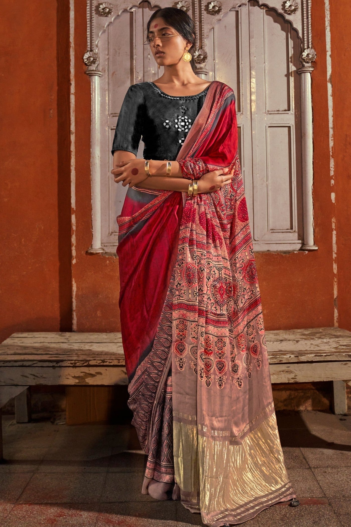 Dark Red Ajrakh Handprinted Satin Saree