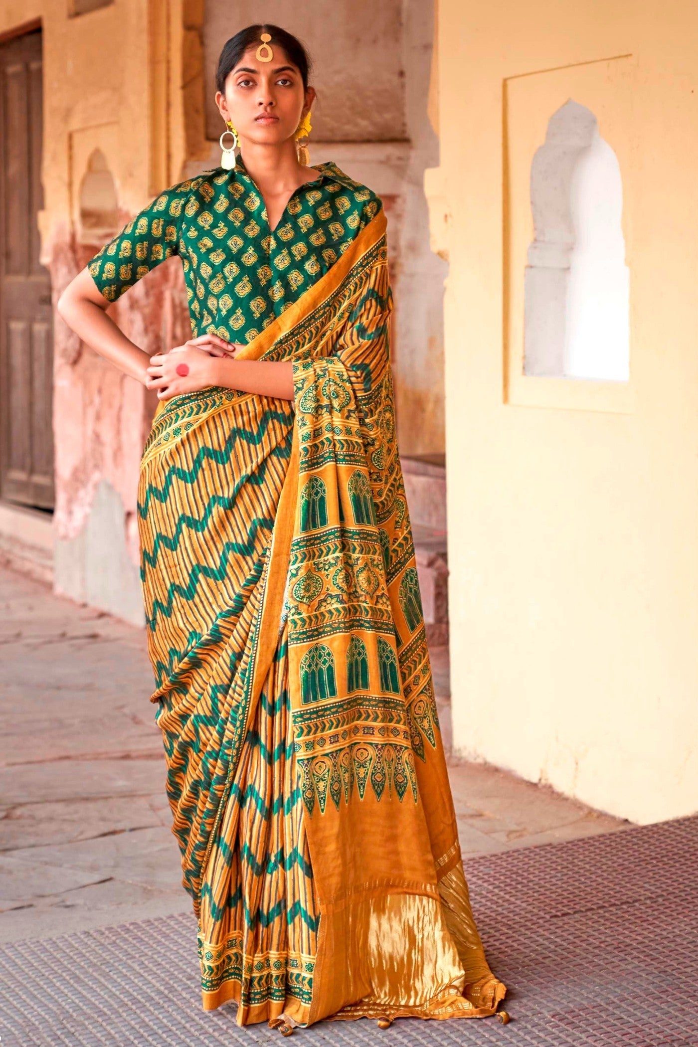 Porsche Yellow Ajrakh Handprinted Satin Saree