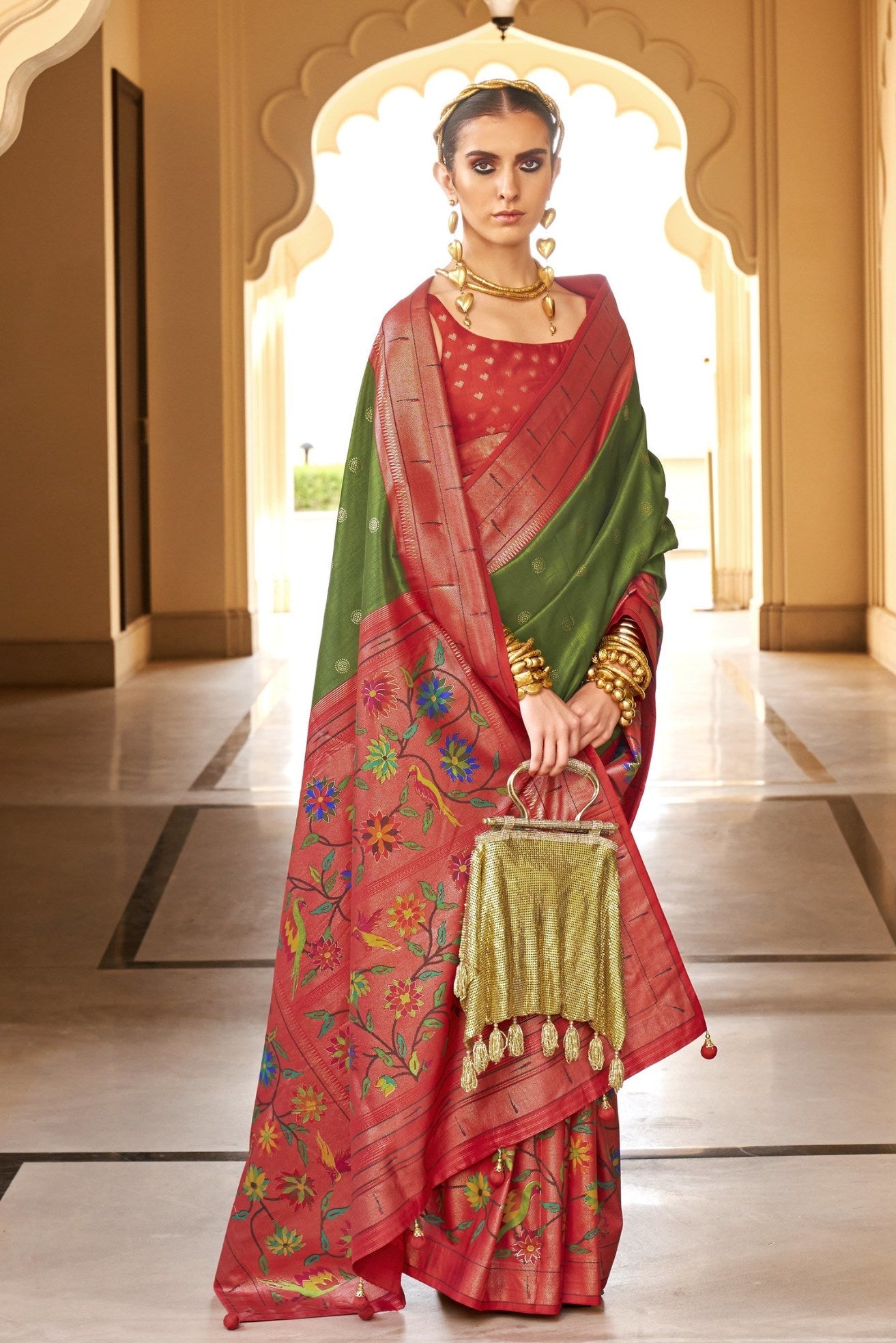 Leaf Green and Red Woven Paithani Designer Saree