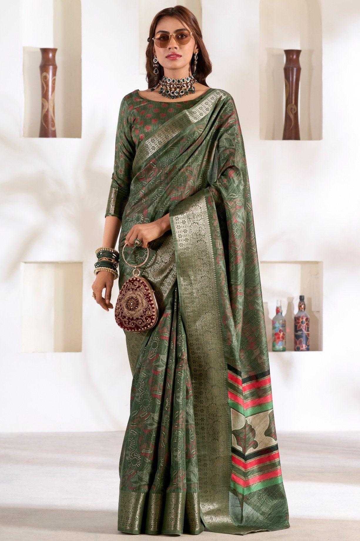 Hemlock Green Soft Dola Silk Saree