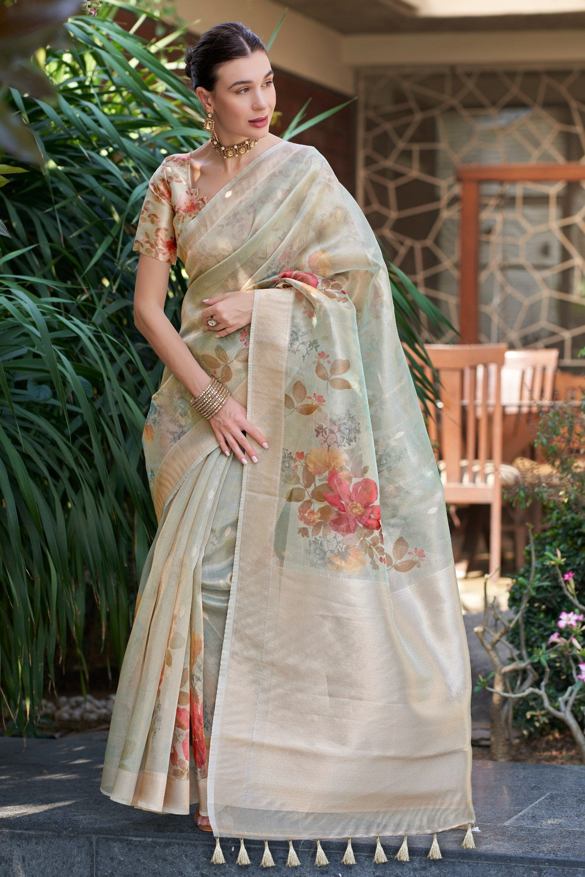 Cotton Seed Green Digital Printed Organza Saree