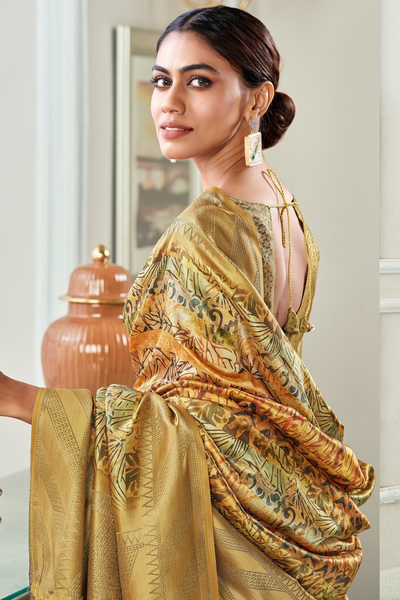 Aztec Gold Digital Printed Banarasi Saree