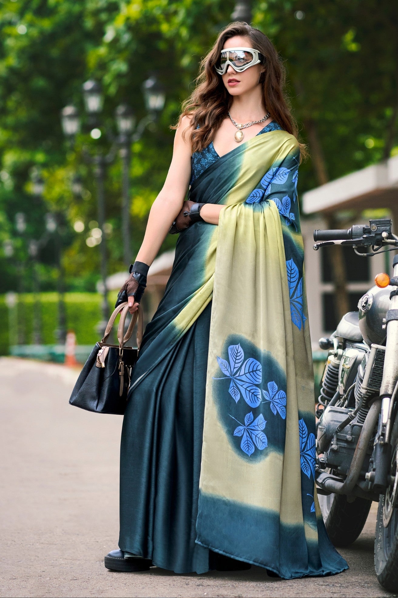 Cerulean Green Printed Satin Crepe Saree