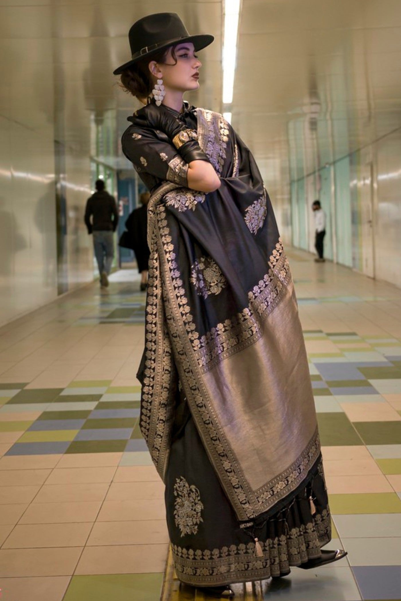 Thunder Black Katan Handloom Silk Saree