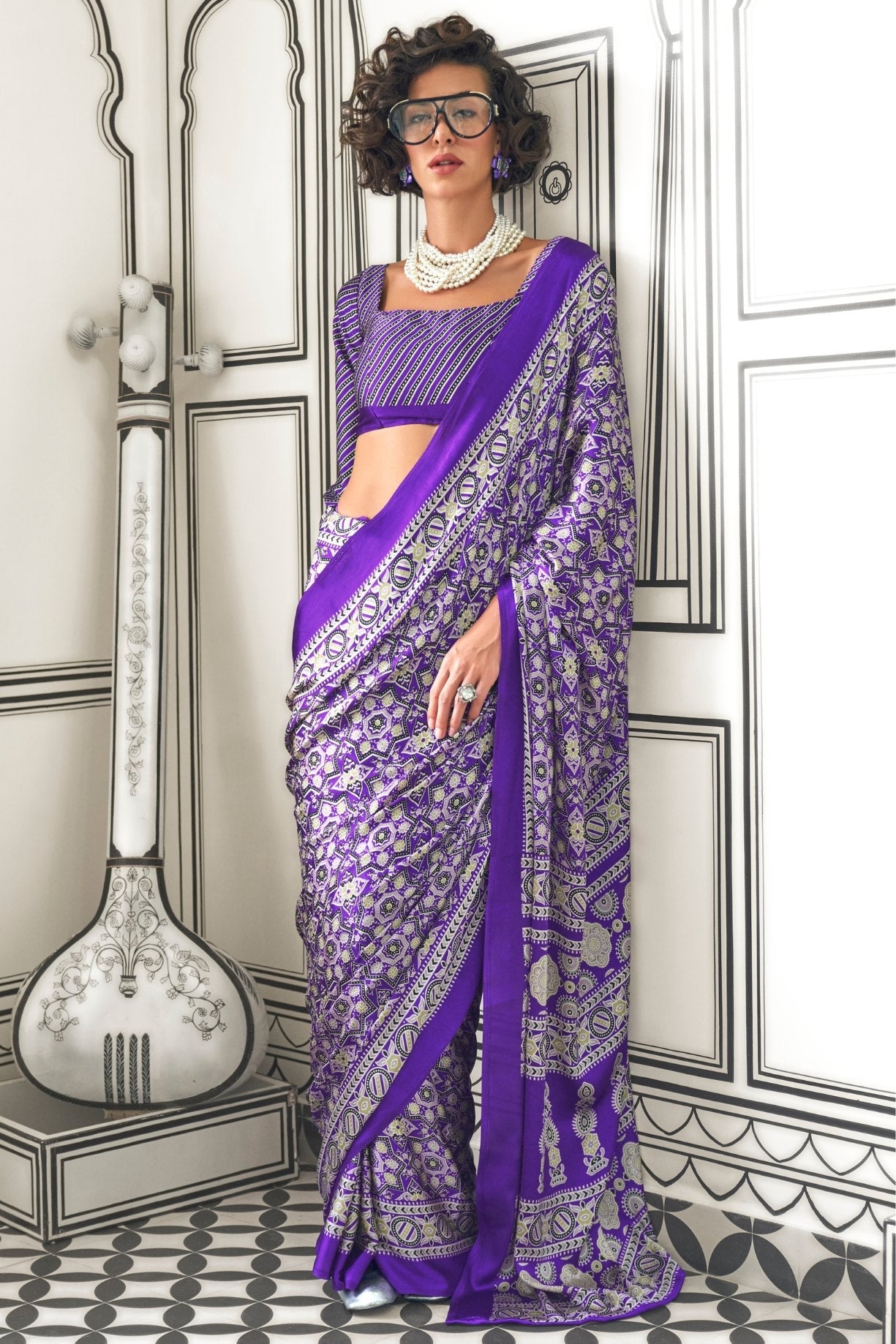 Cyber Grape Purple Printed Ajrakh Satin Crepe Saree