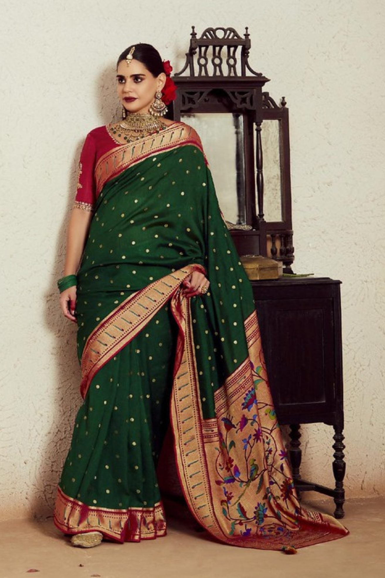 Celtic Green Printed Brasso Soft Silk Saree