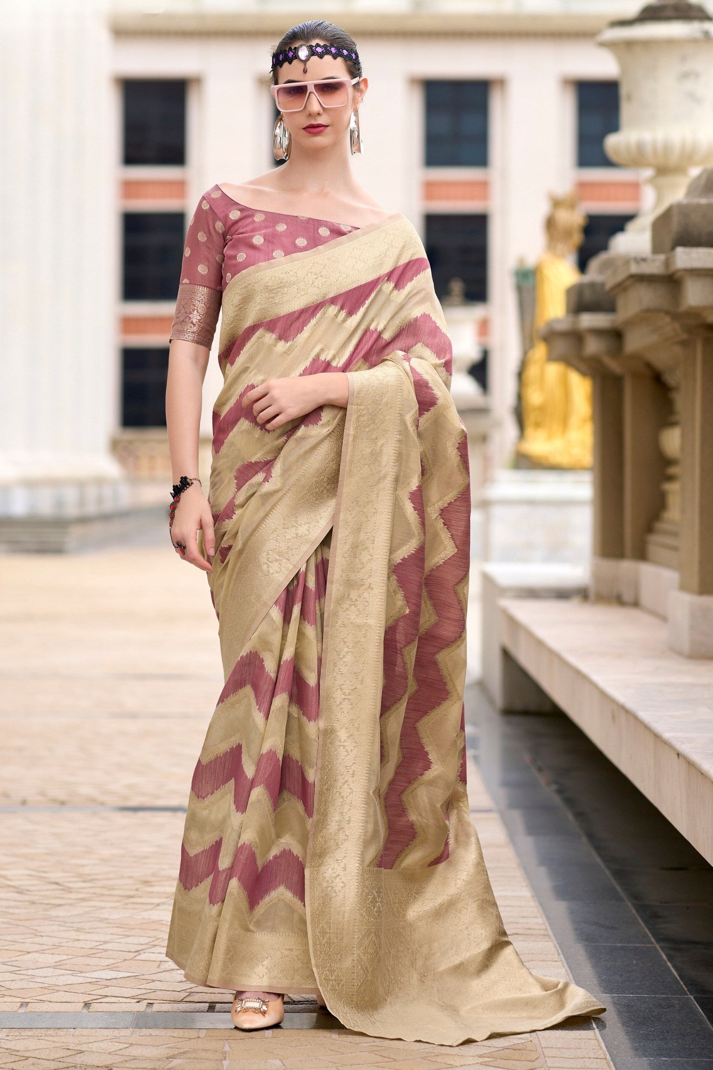 Coral Tree Brown Woven Linen Cotton Saree