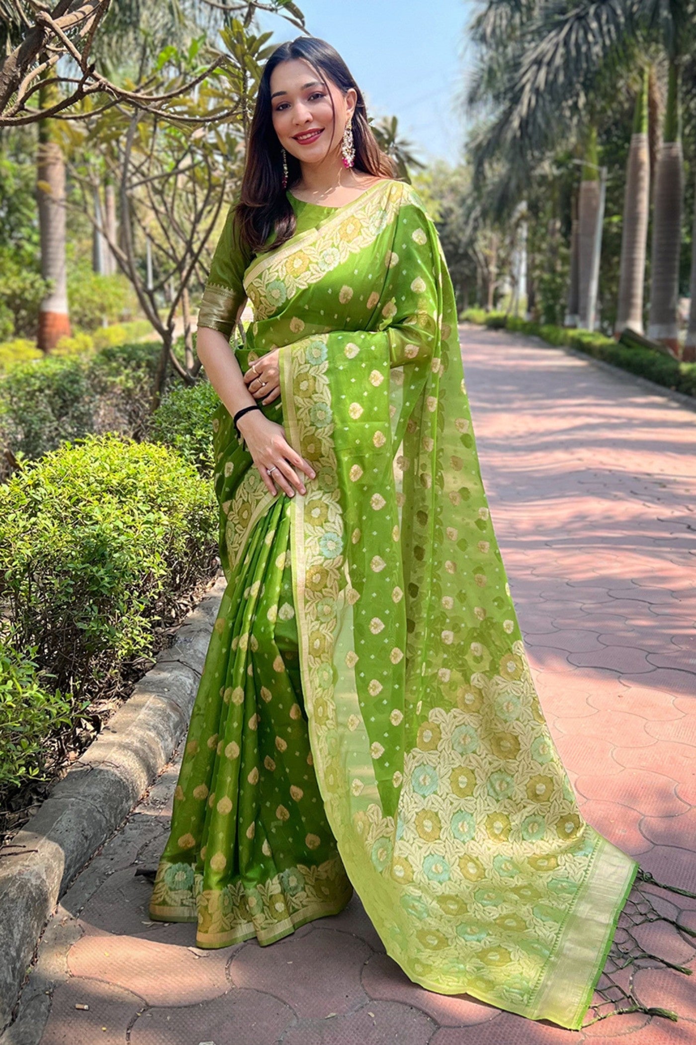 Wasabi Green Zari Woven Organza Saree