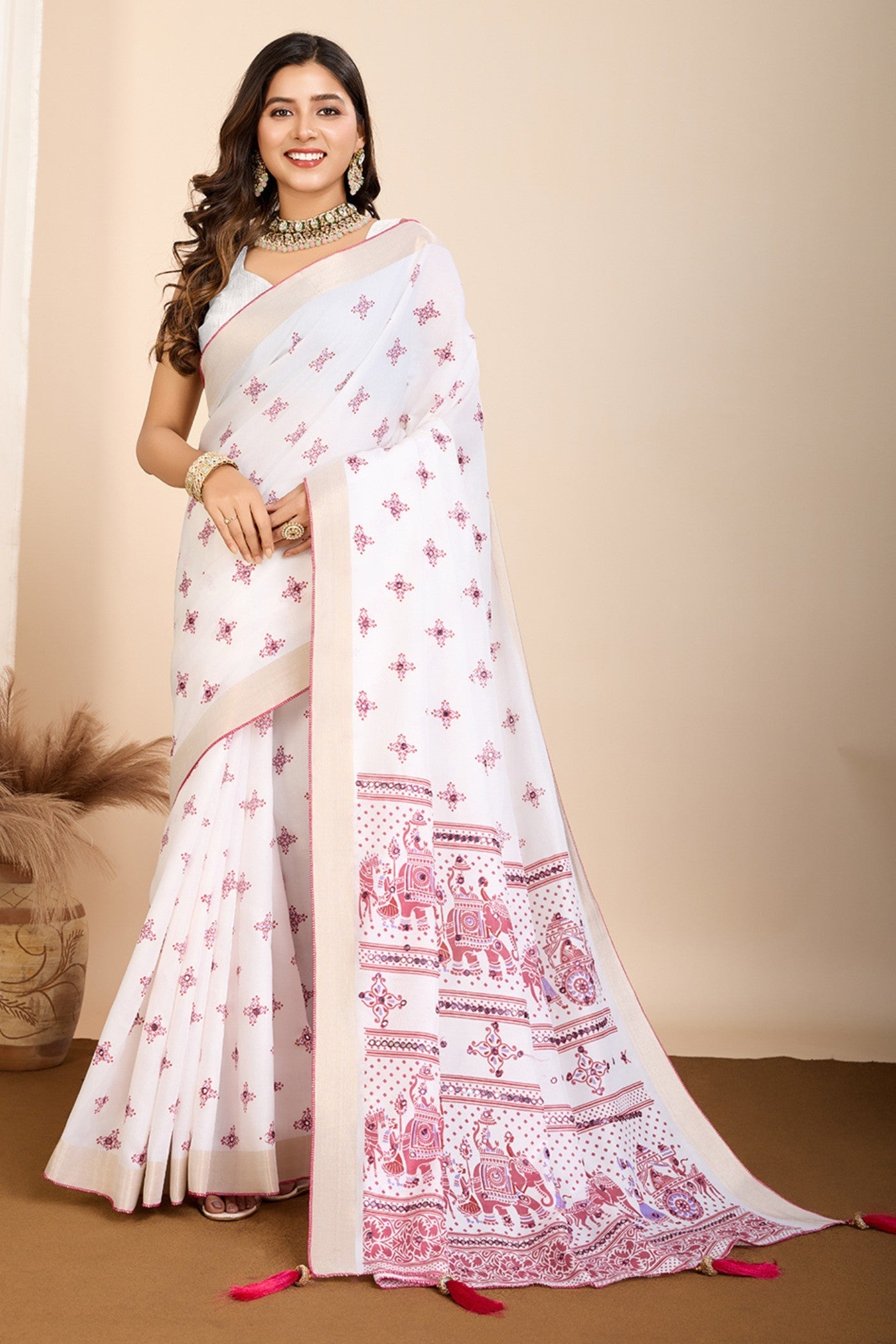 Alice White and Pink Printed Cotton Designer Saree