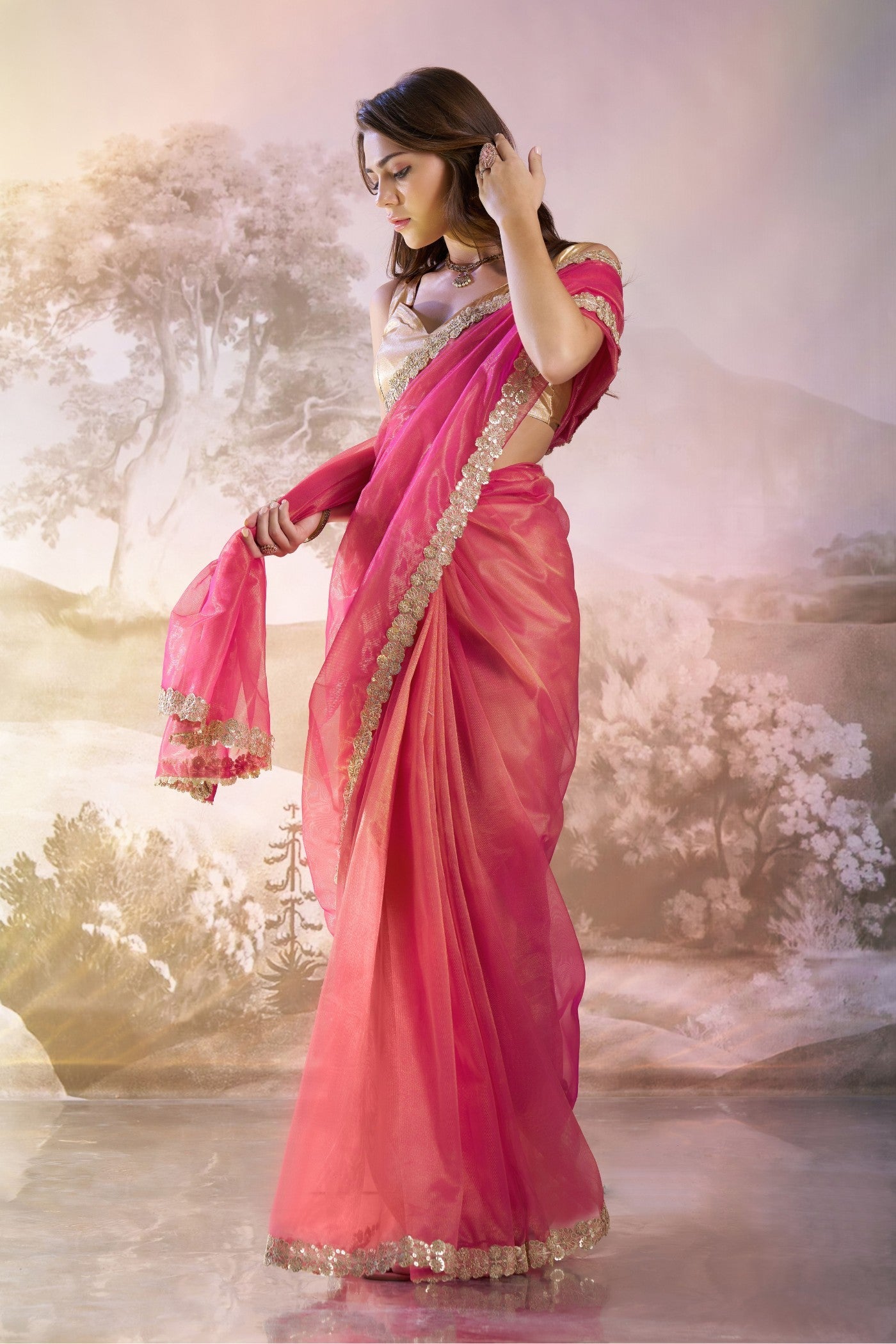 Dusty Pink Partywear Net Saree