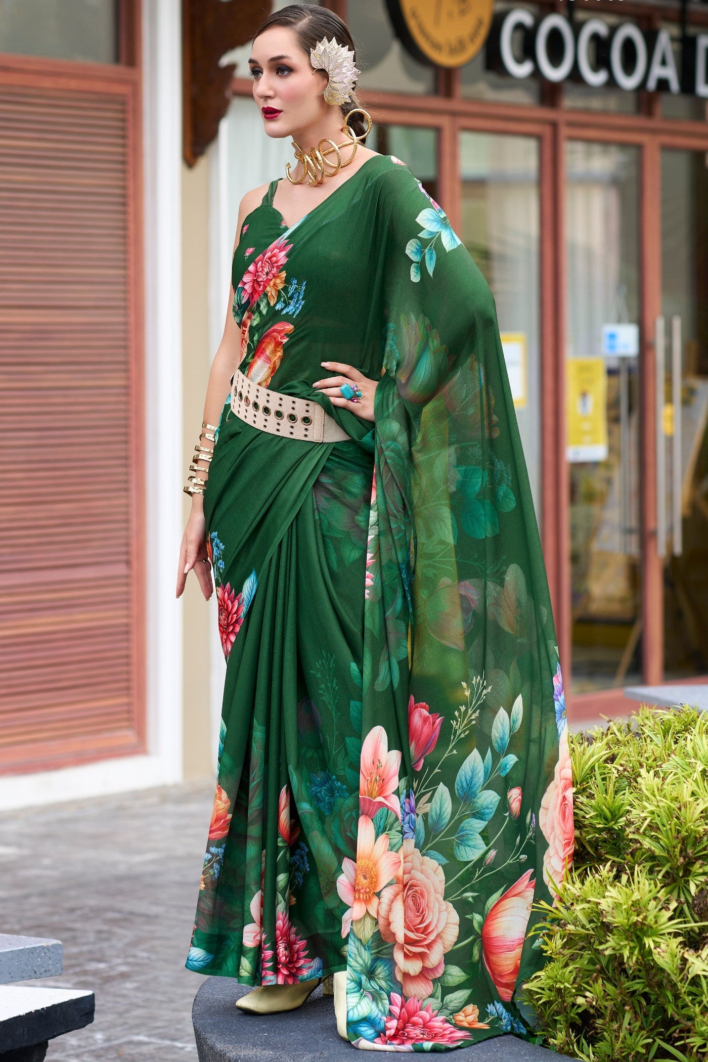 Gable Green Printed Georgette Saree