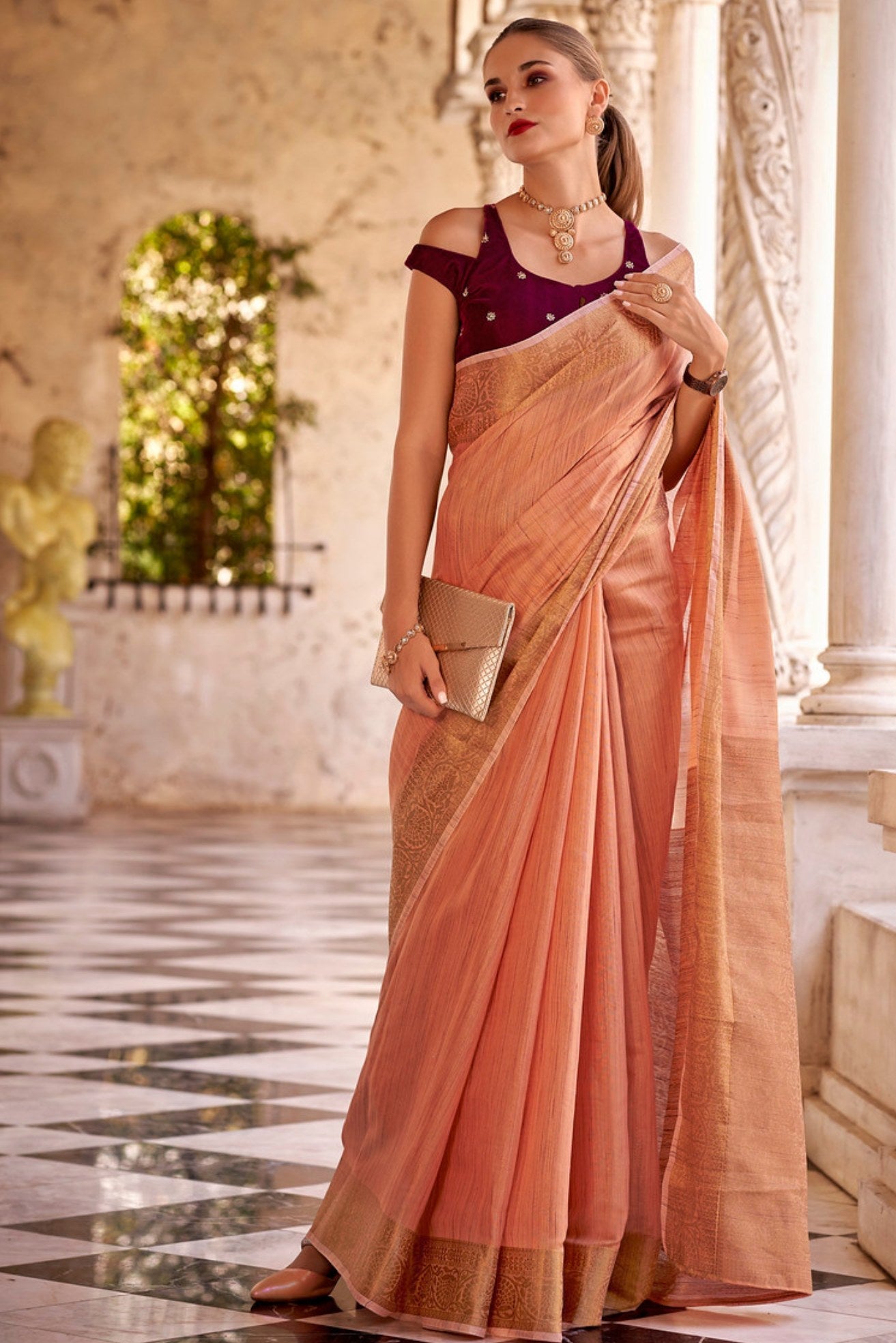 Japonica Orange Zari Woven Linen Saree