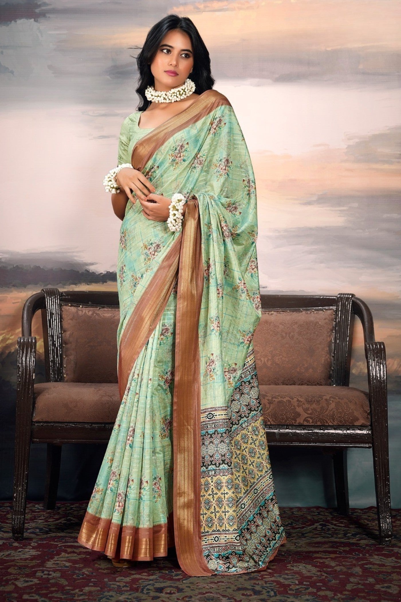 Coriander Green Digital Printed Cotton Saree