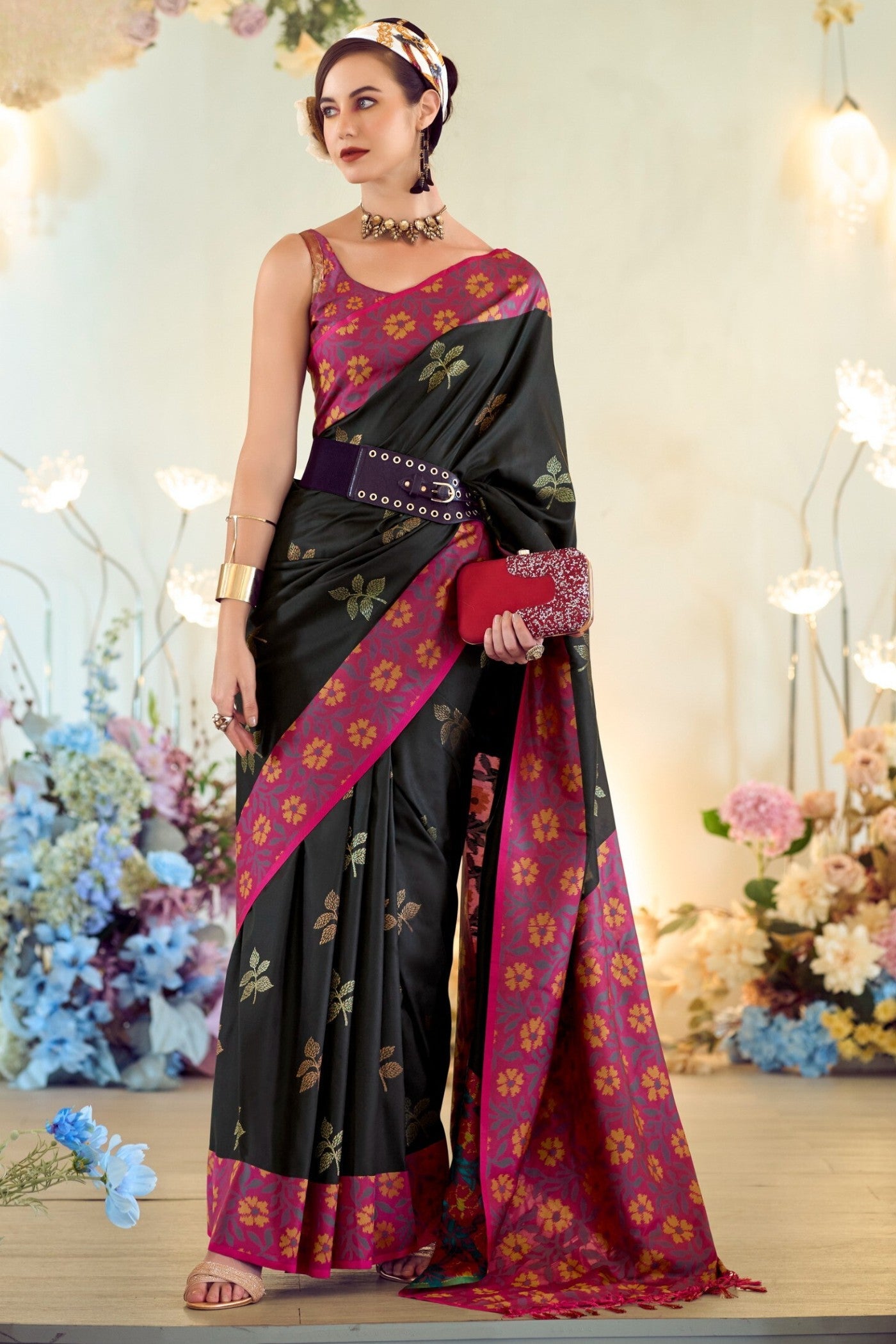 Outer Space Black Woven Banarasi Soft Silk Saree