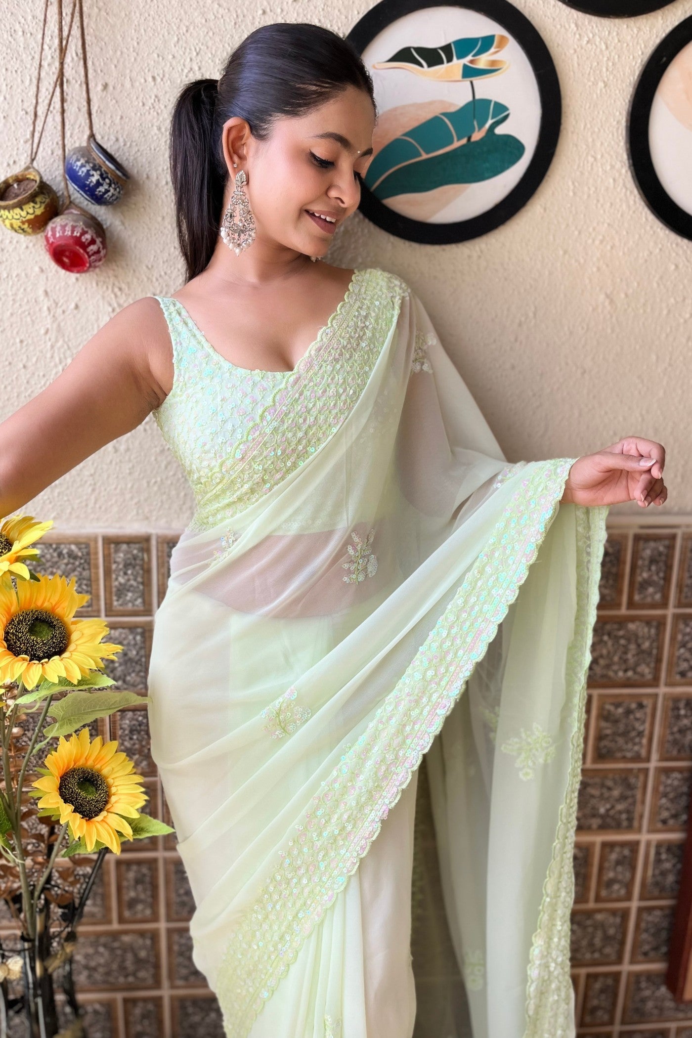 Zinnia Green Embroidery Georgette saree