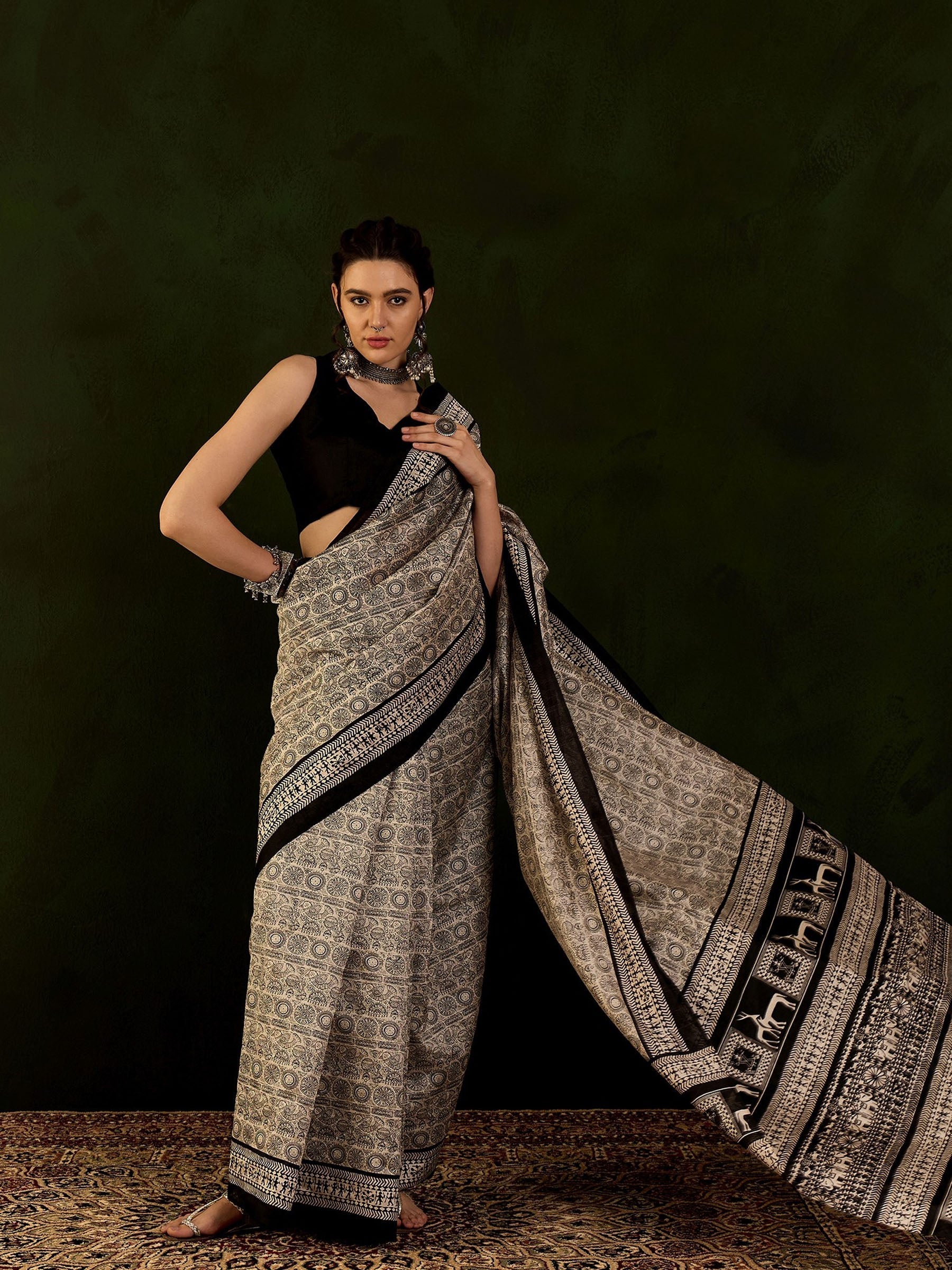 Black and Cream Ajrakh Printed Saree