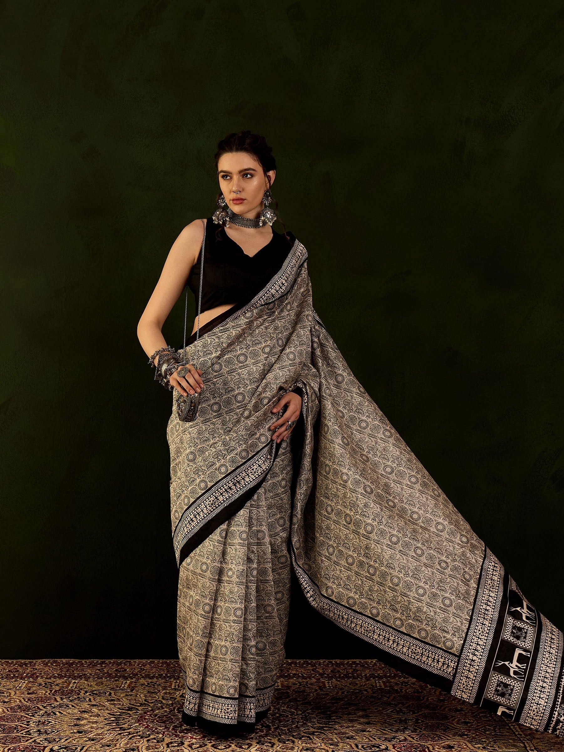 Black and Cream Ajrakh Printed Saree