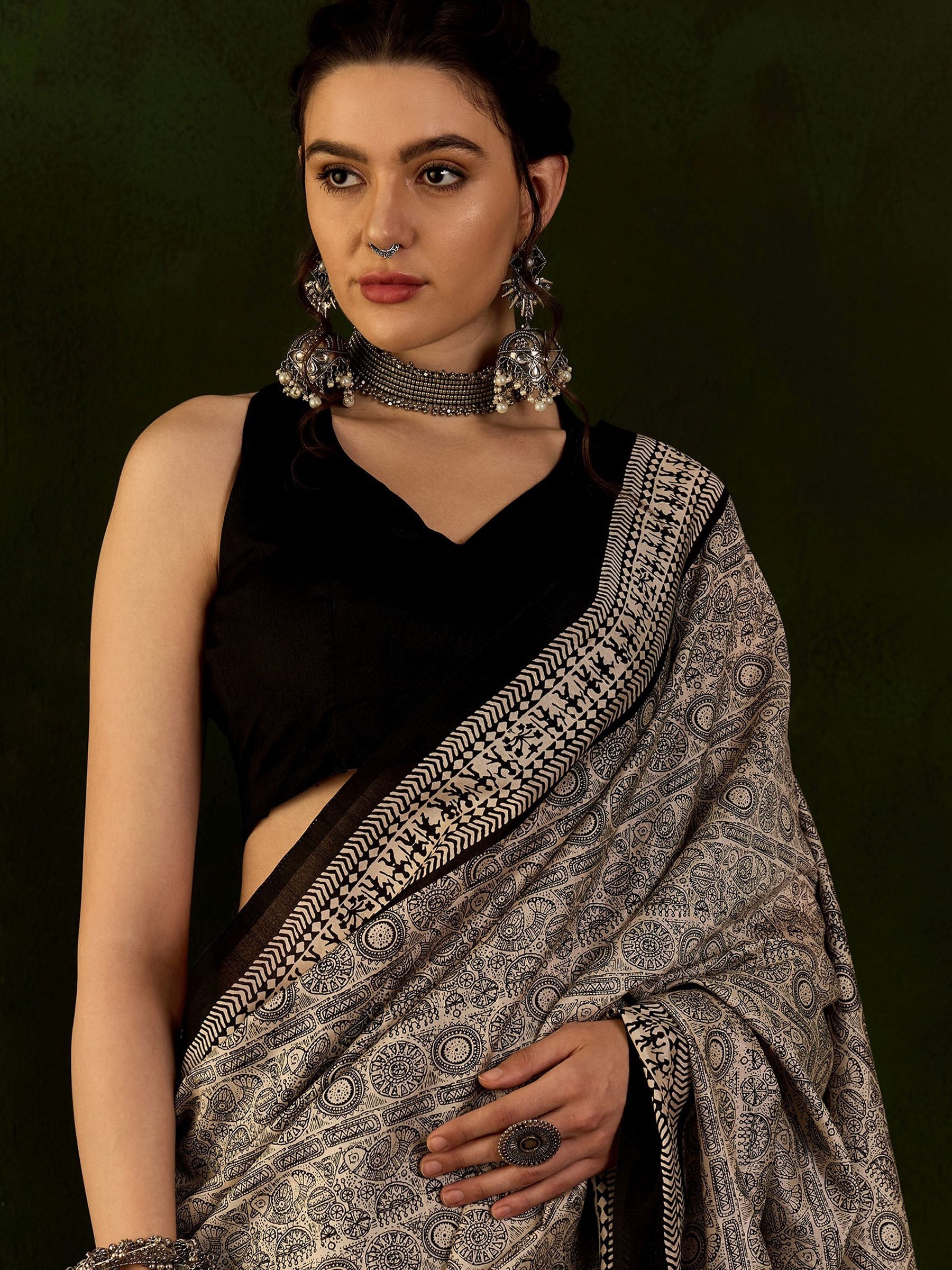 Black and Cream Ajrakh Printed Saree