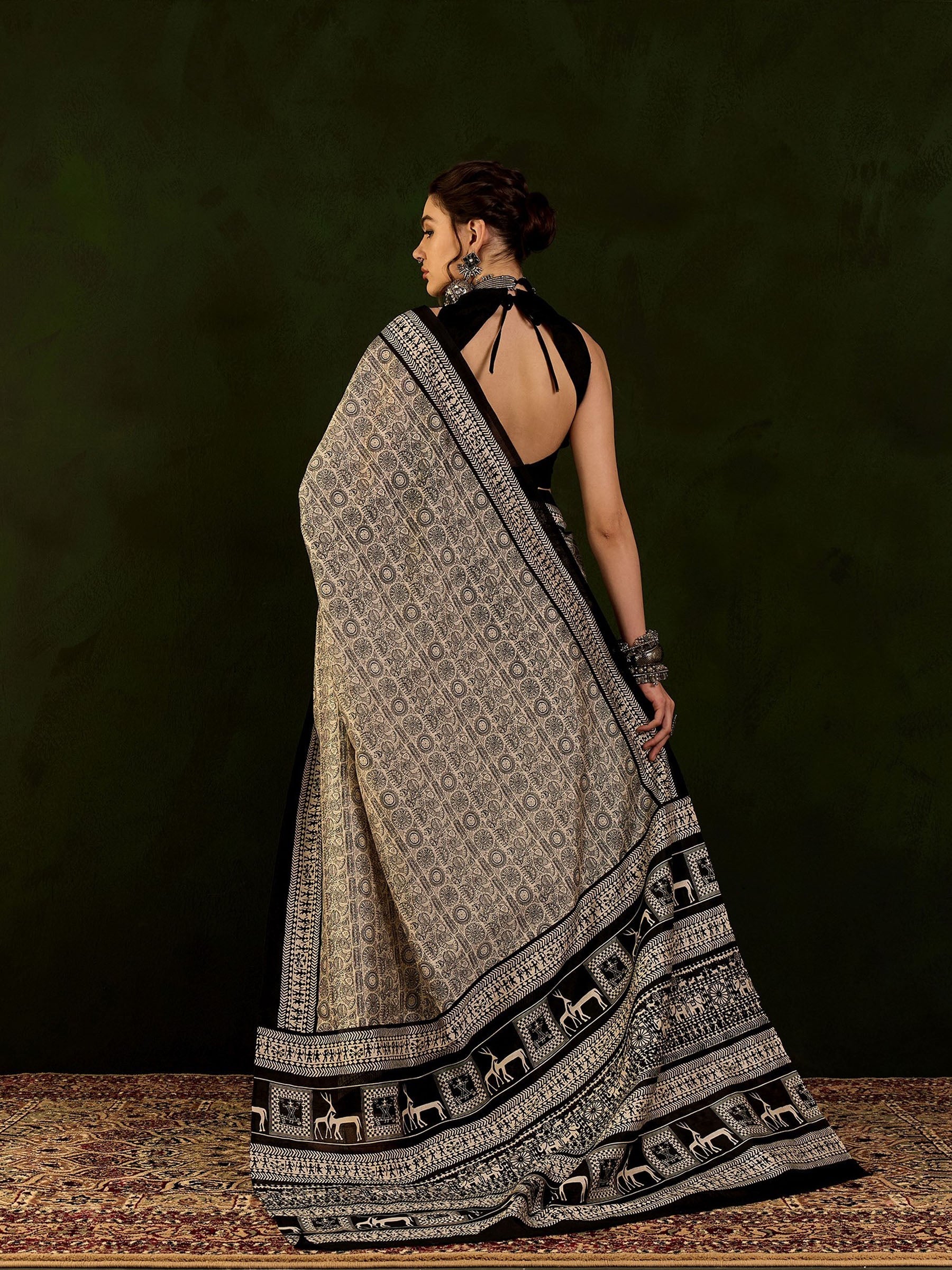 Black and Cream Ajrakh Printed Saree