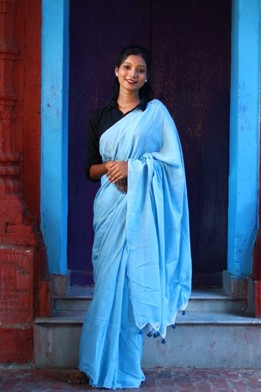 Malibu Blue Mul Cotton Saree