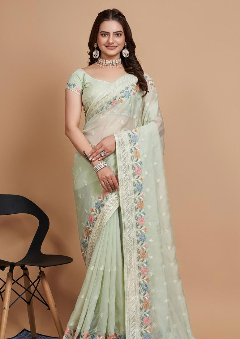 Beautiful  Soft Taby Silk Organza Saree With C-Pallu & All Over Embroidery Work