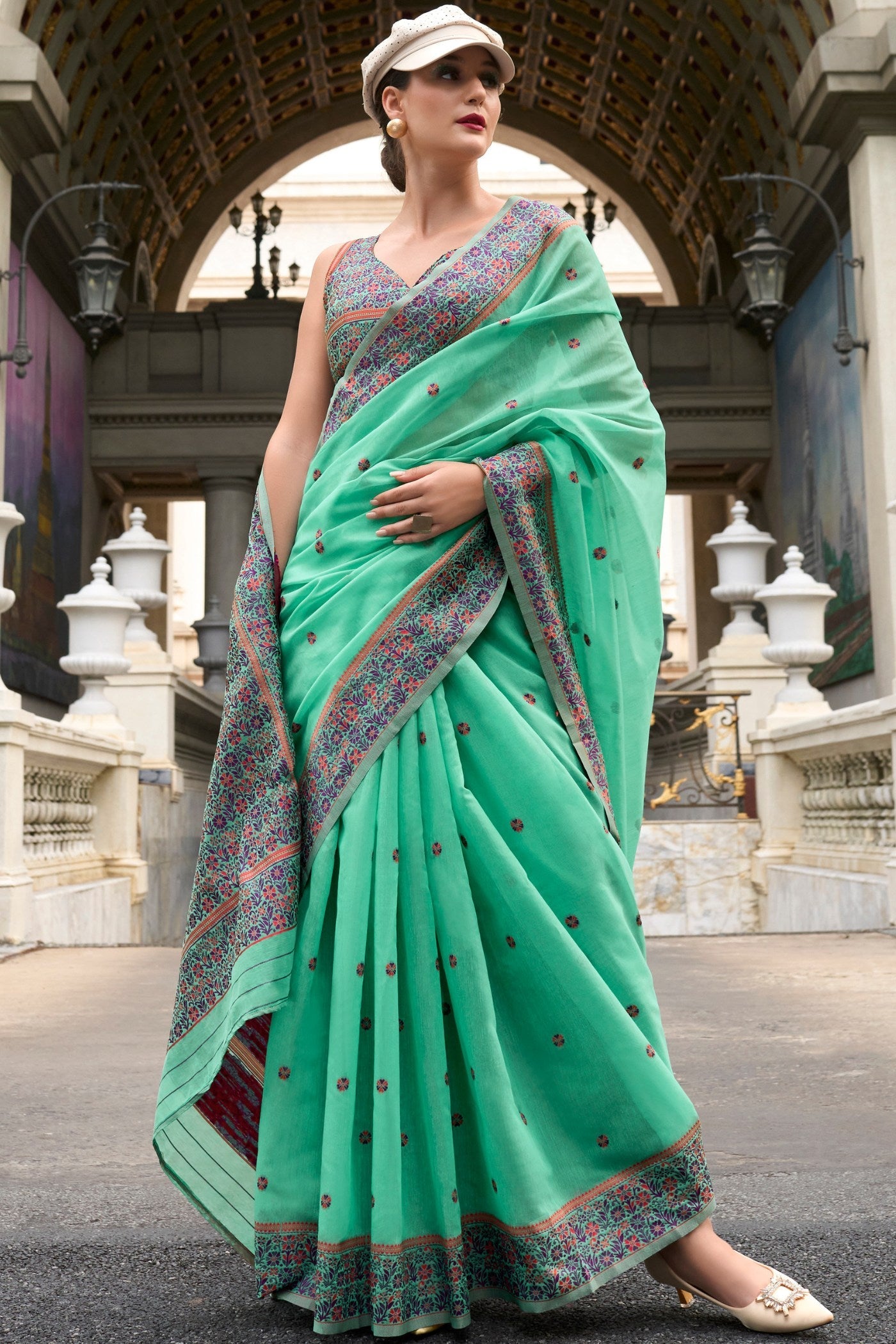 Emerald Green Handloom Linen Cotton Saree