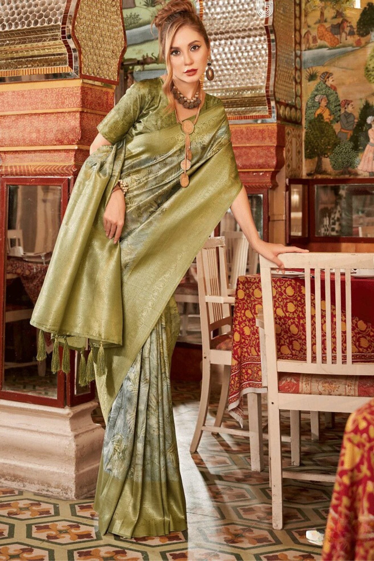 Costa Del Sol Green Banarasi Digital Printed Saree