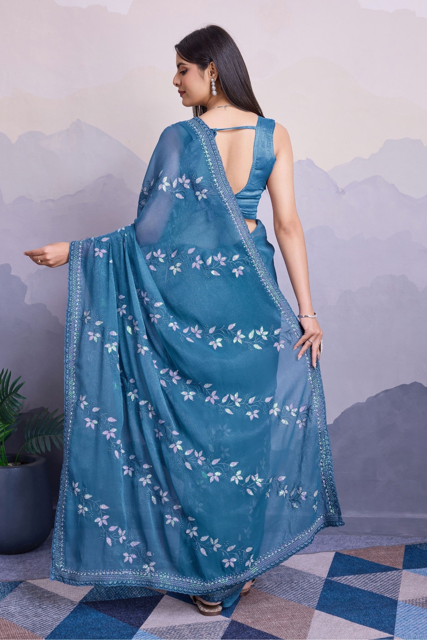 Celadon Blue Embroidered Designer Chiffon Saree