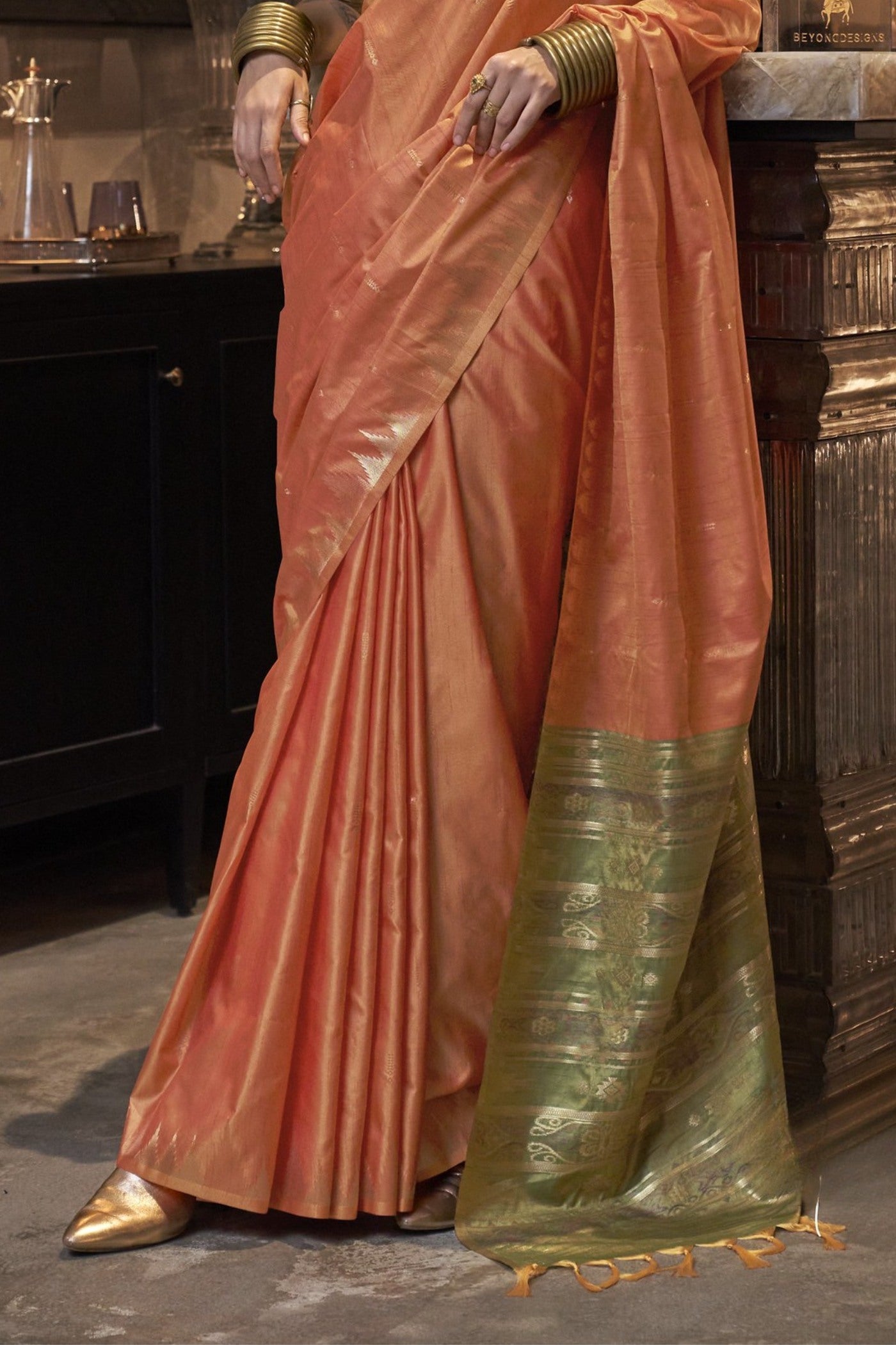 Koromiko Orange Woven Linen Saree