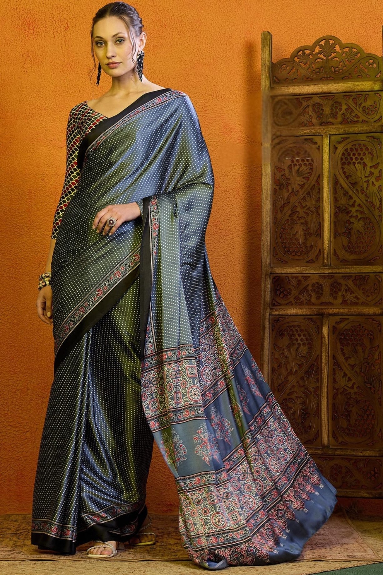 Casper Blue Printed Ajrakh Satin Crepe Saree