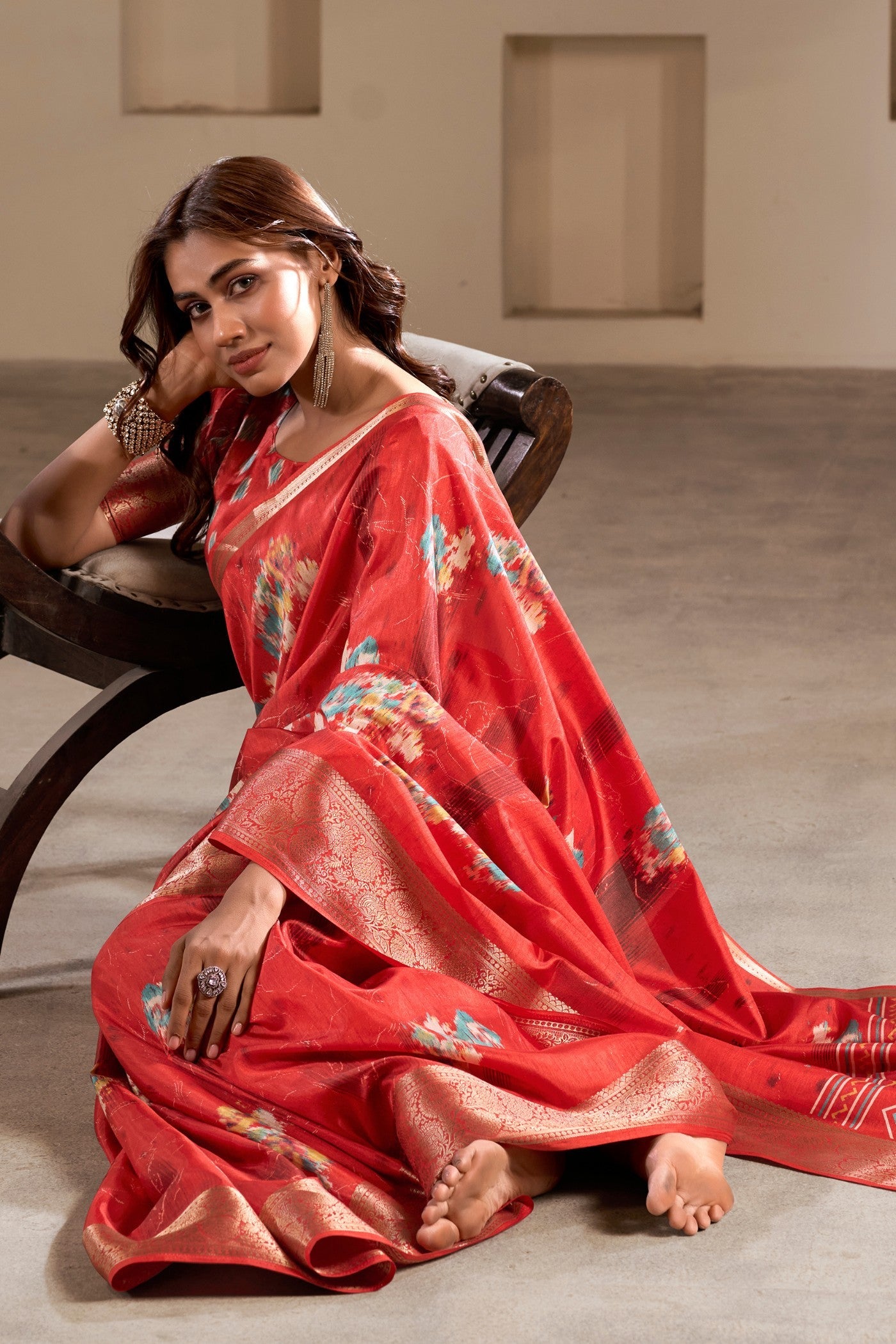 Tamrillo Red Printed Soft Dola Silk Saree