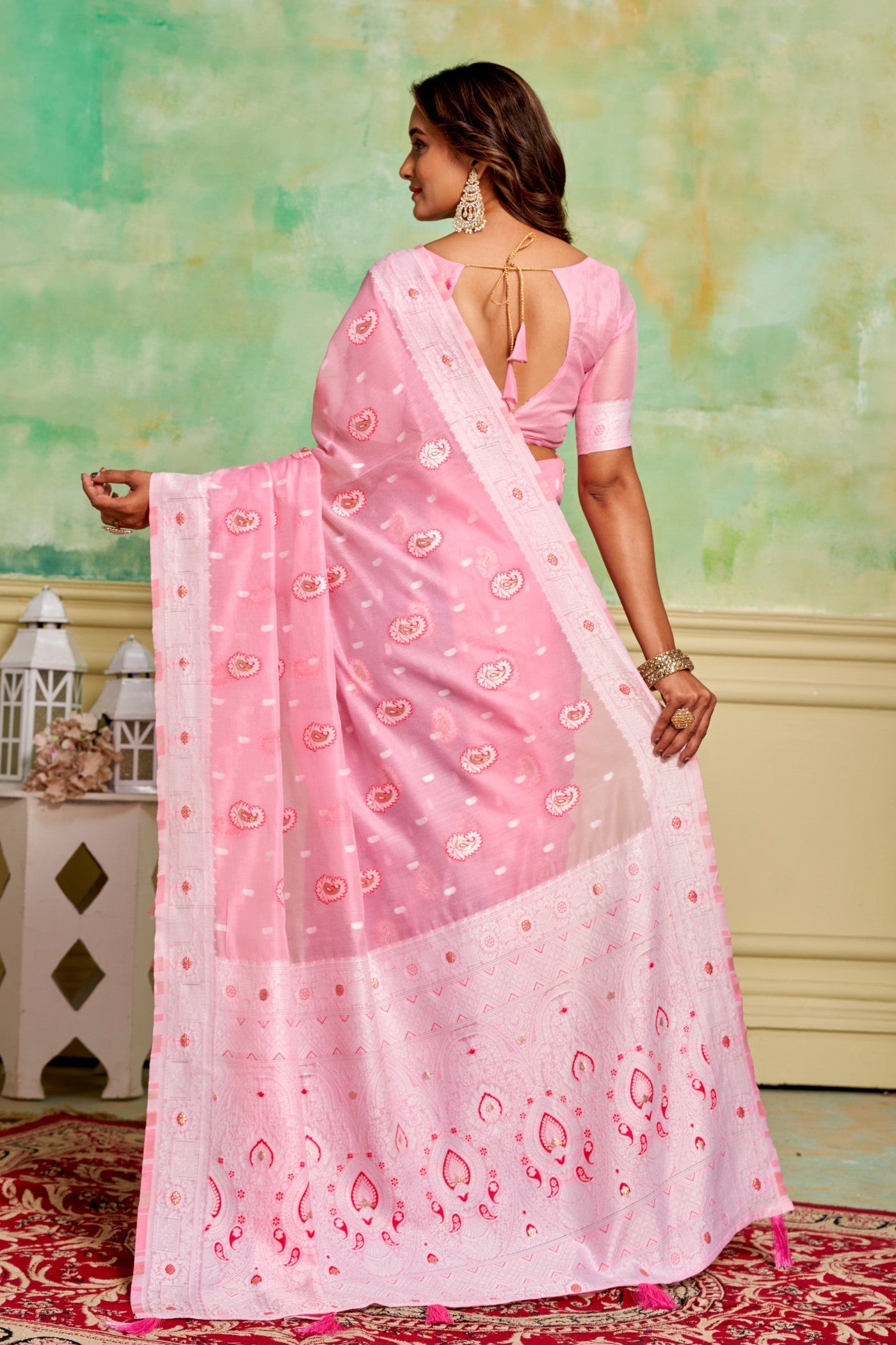 Pastel Pink Woven Cotton Saree