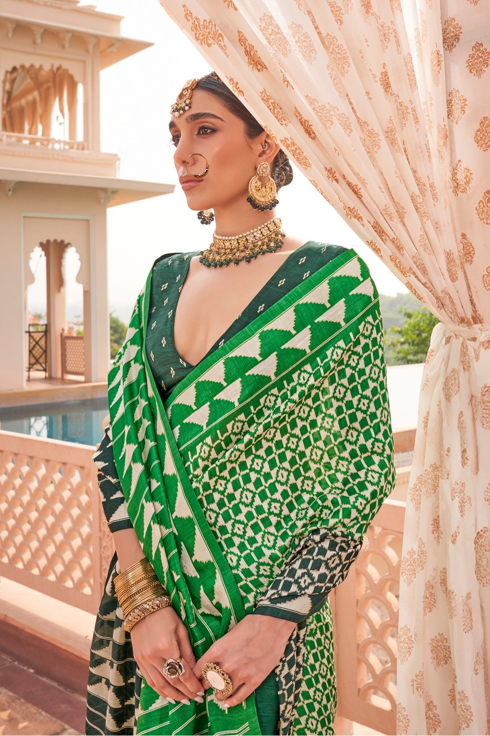 Muted Green Printed Patola Saree