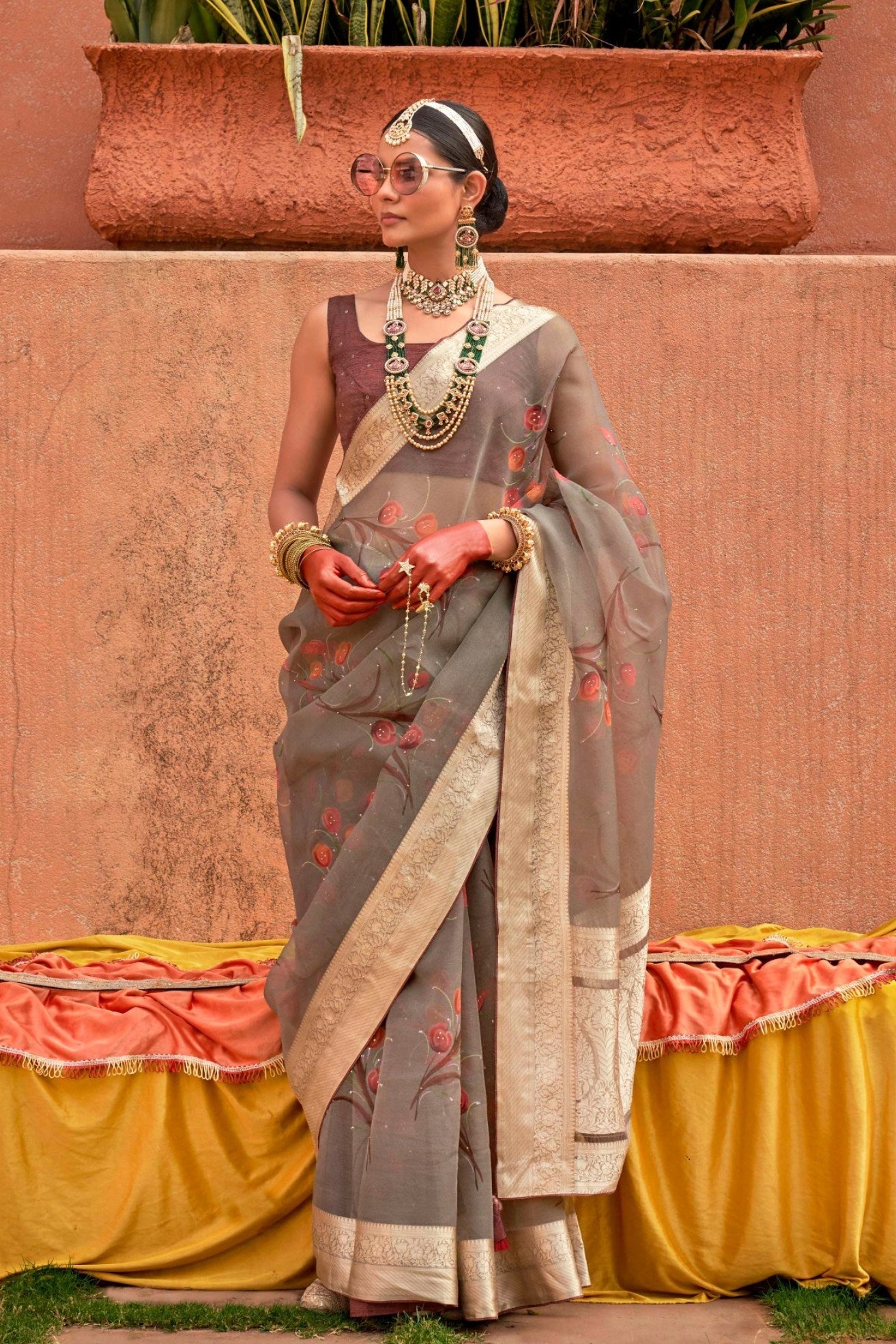 Brown Shade Zari Woven Organza Saree