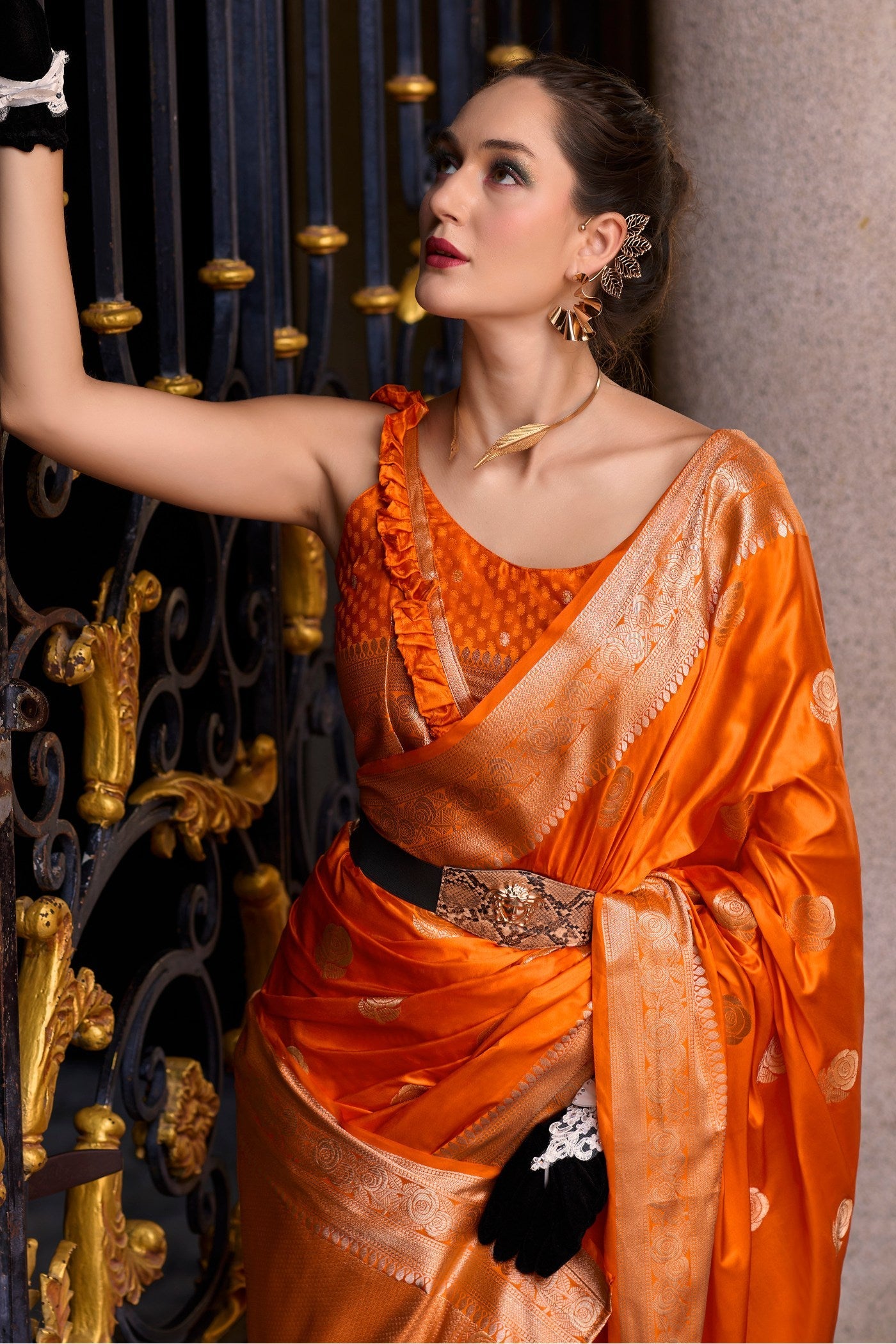 Tia Maria Orange Handloom Satin Silk Saree