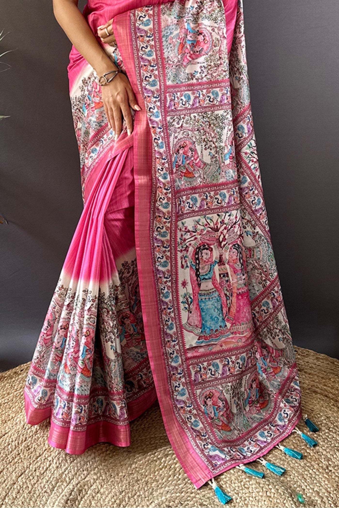 Mystic Pearl Pink Madhubani Printed Tussar Silk Saree