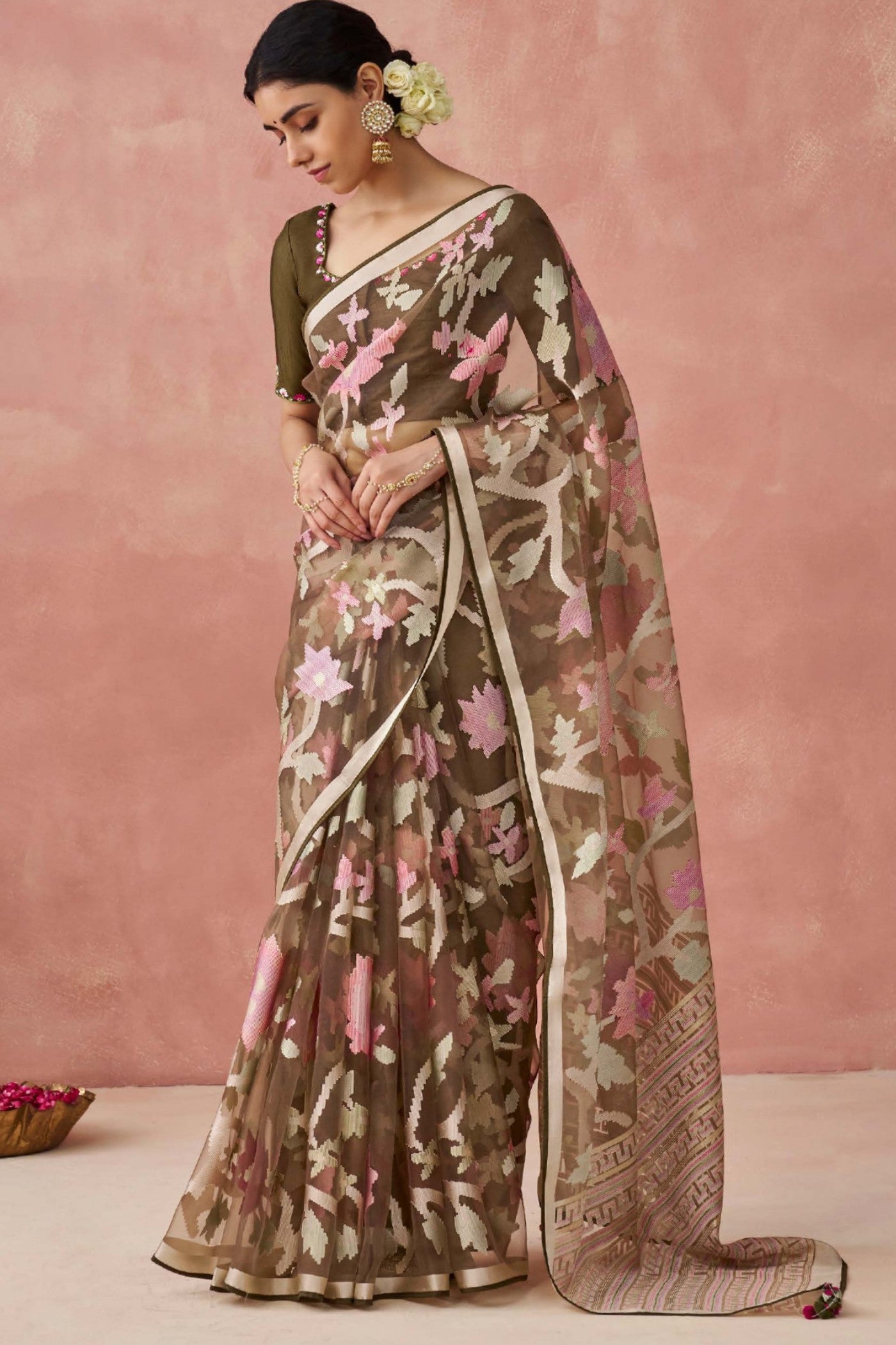 Shingle Fawn Brown Brasso Organza Printed Saree