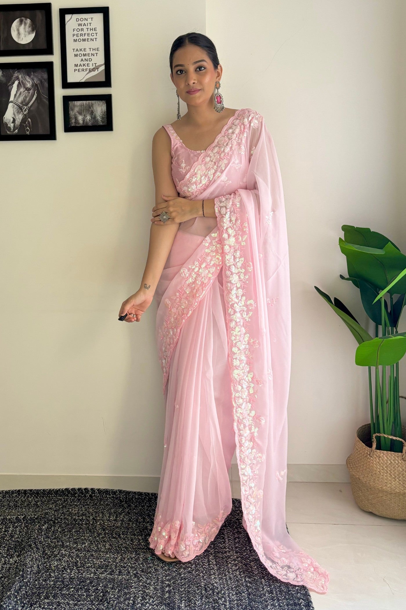 Rose Fog Pink Embroidery Georgette saree