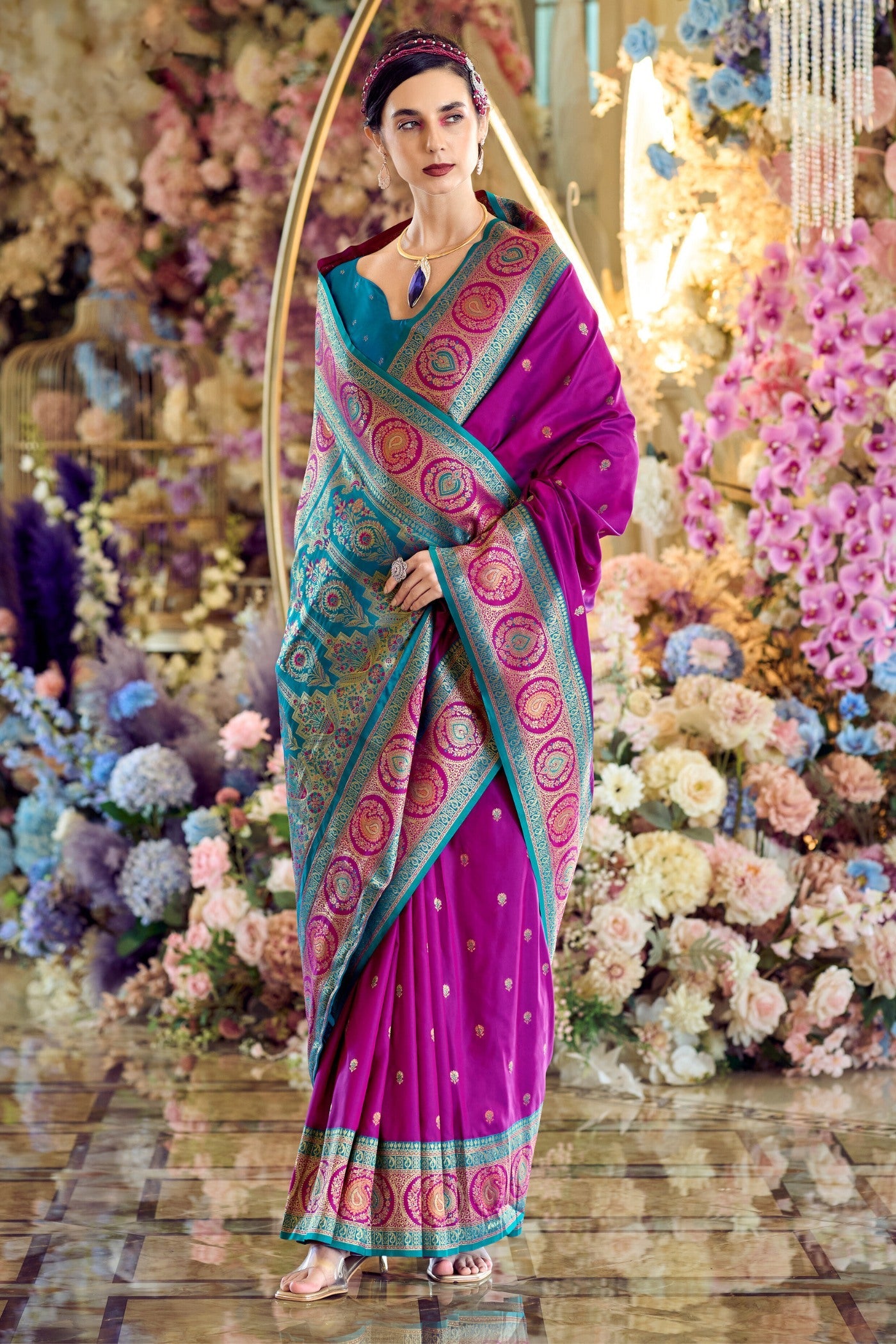 Medium Purple Woven Banarasi Soft Silk Saree