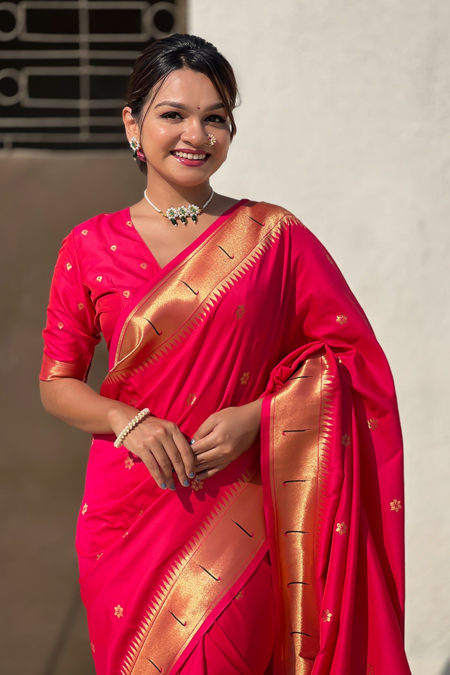 Fire Rose Pink Woven Paithani Saree