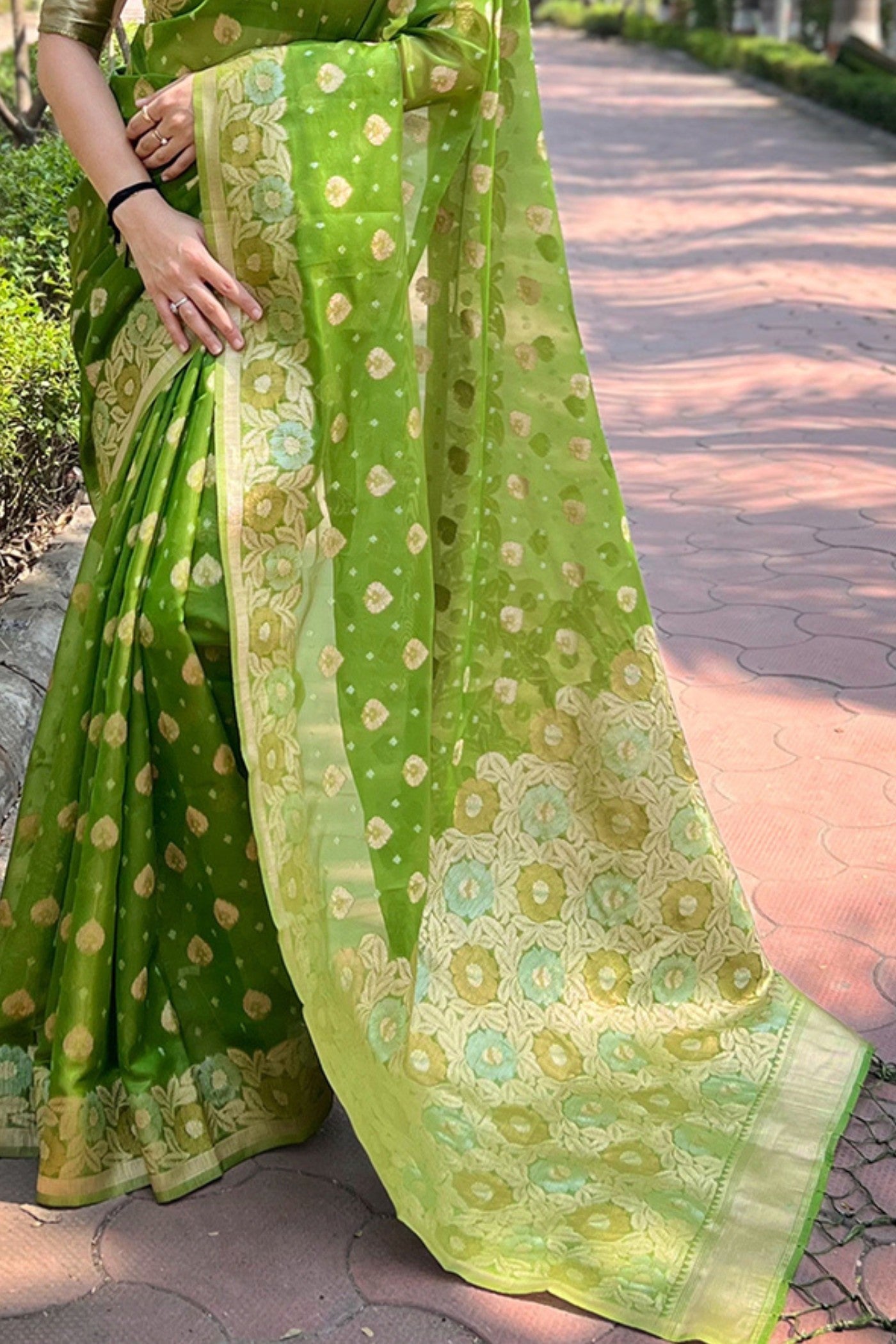 Wasabi Green Zari Woven Organza Saree